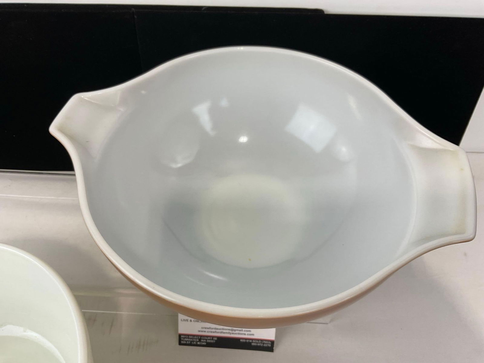 Pair of Vintage Pyrex Milk Glass Kitchen Bowls, 1 Milk Glass, 1 Glazed Brown w/ Gilt Motifs - 3