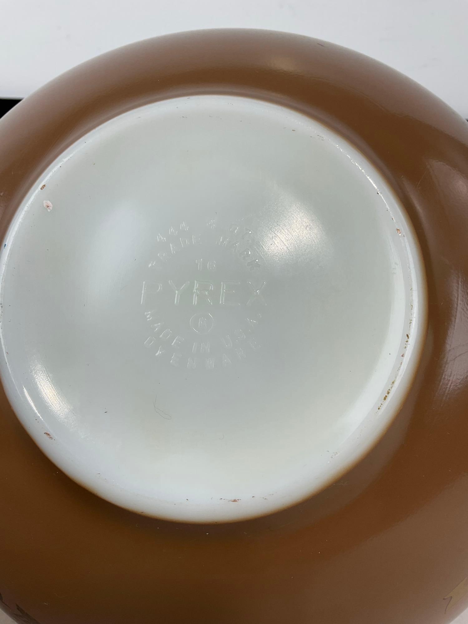 Pair of Vintage Pyrex Milk Glass Kitchen Bowls, 1 Milk Glass, 1 Glazed Brown w/ Gilt Motifs - 7