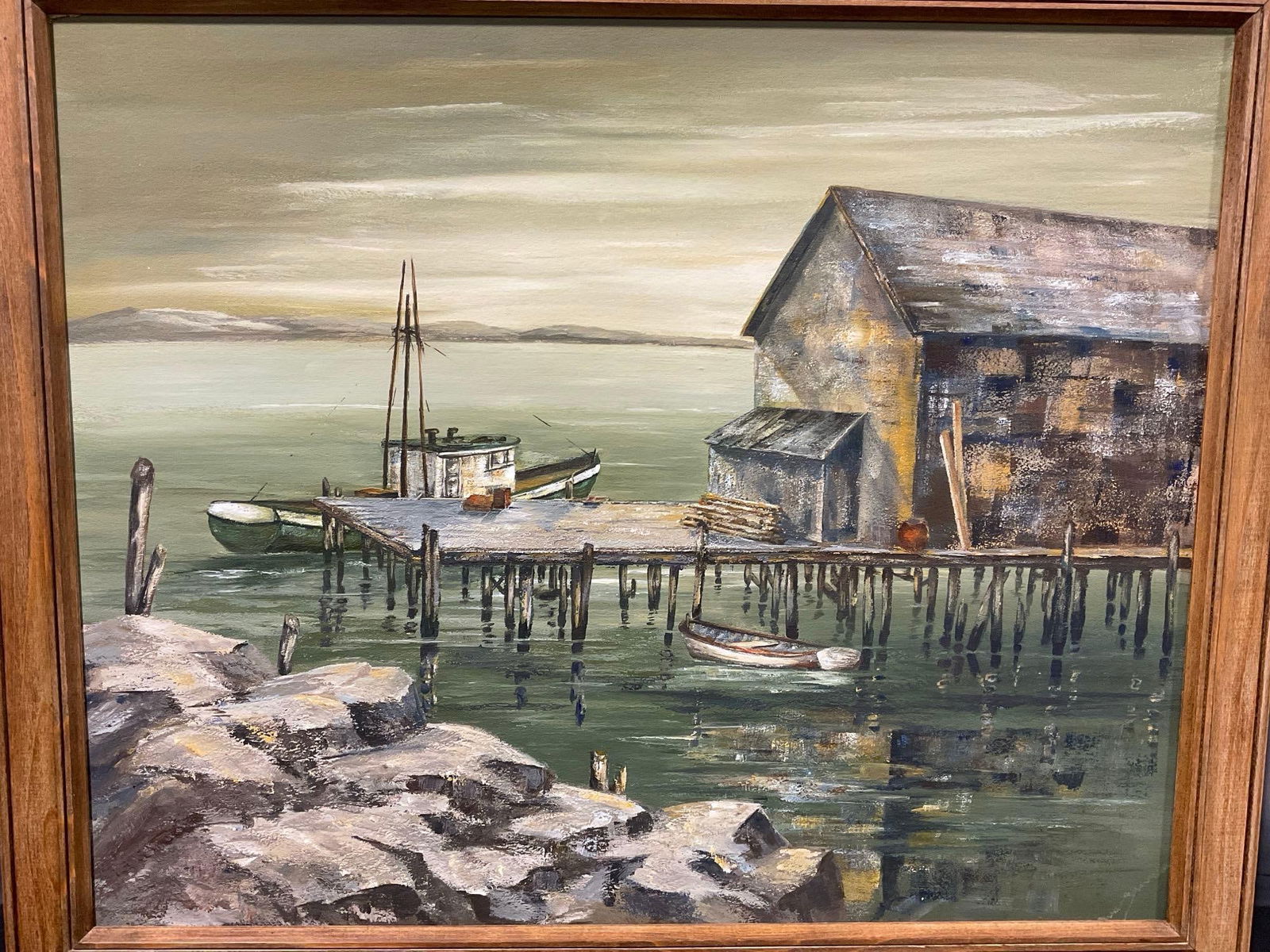 Vintage Oil on Canvas Painting, Harbor Scene, 31h x 37w x 3d inches - 2