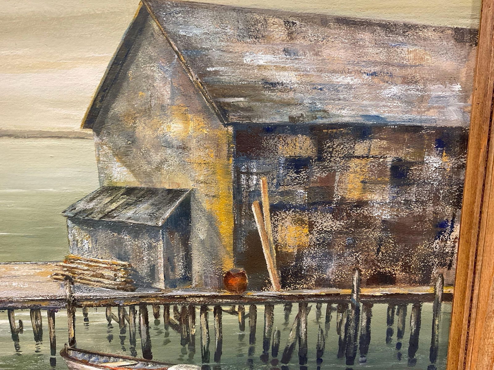 Vintage Oil on Canvas Painting, Harbor Scene, 31h x 37w x 3d inches - 3