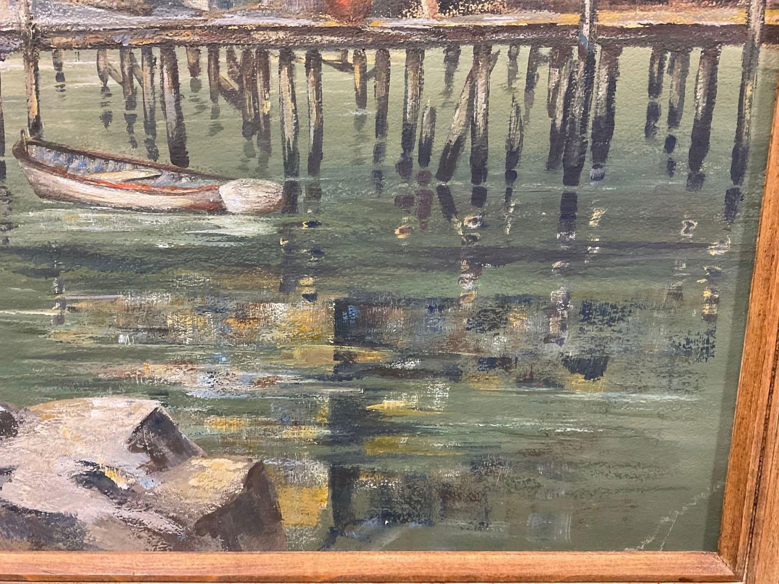 Vintage Oil on Canvas Painting, Harbor Scene, 31h x 37w x 3d inches - 5