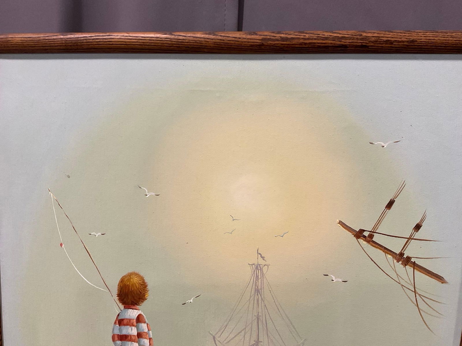Framed Original Oil on Canvas, Seascape Boy Fishing by David Casper, 26h x 22w x 3d inches - 2
