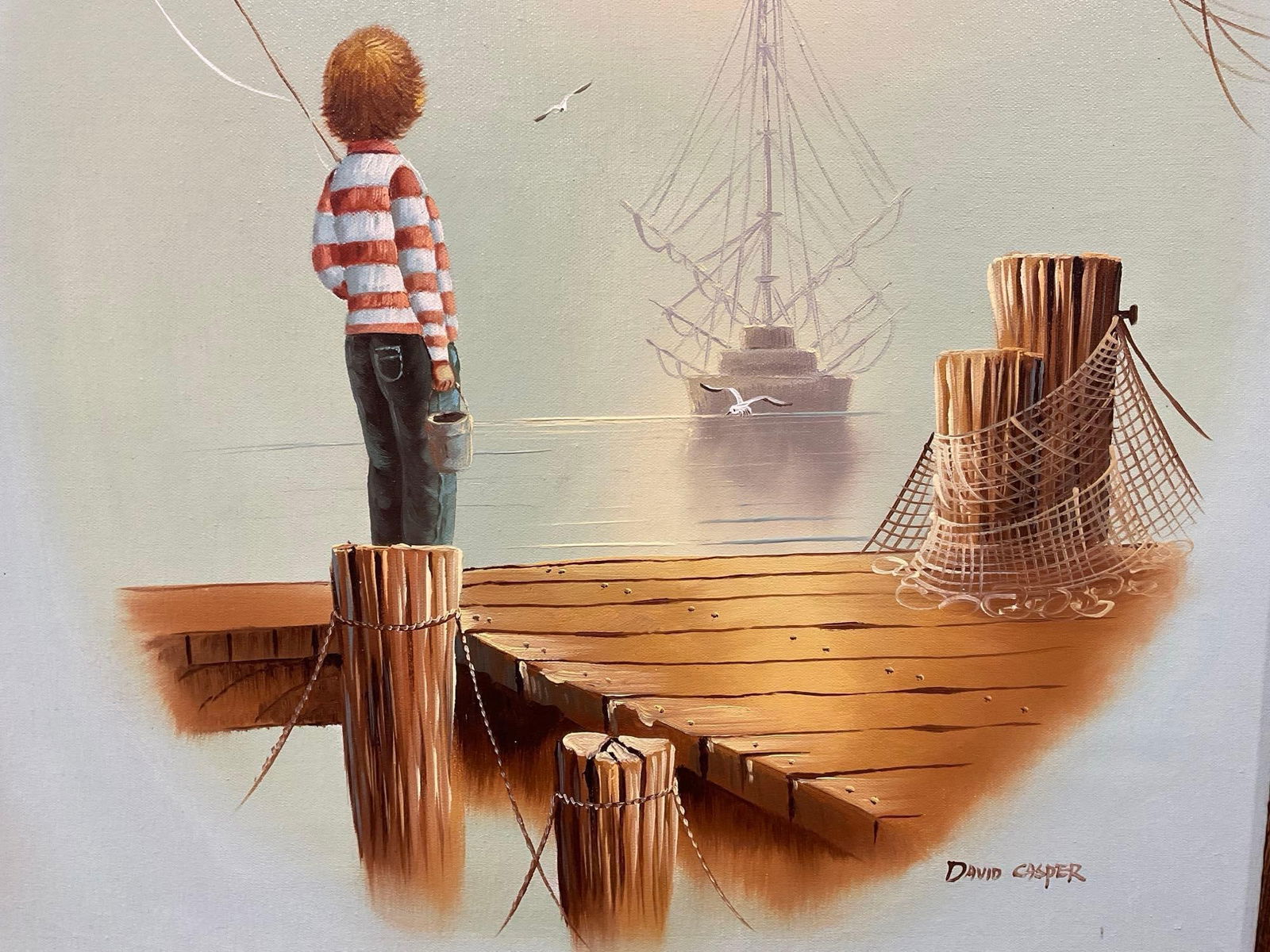 Framed Original Oil on Canvas, Seascape Boy Fishing by David Casper, 26h x 22w x 3d inches - 3