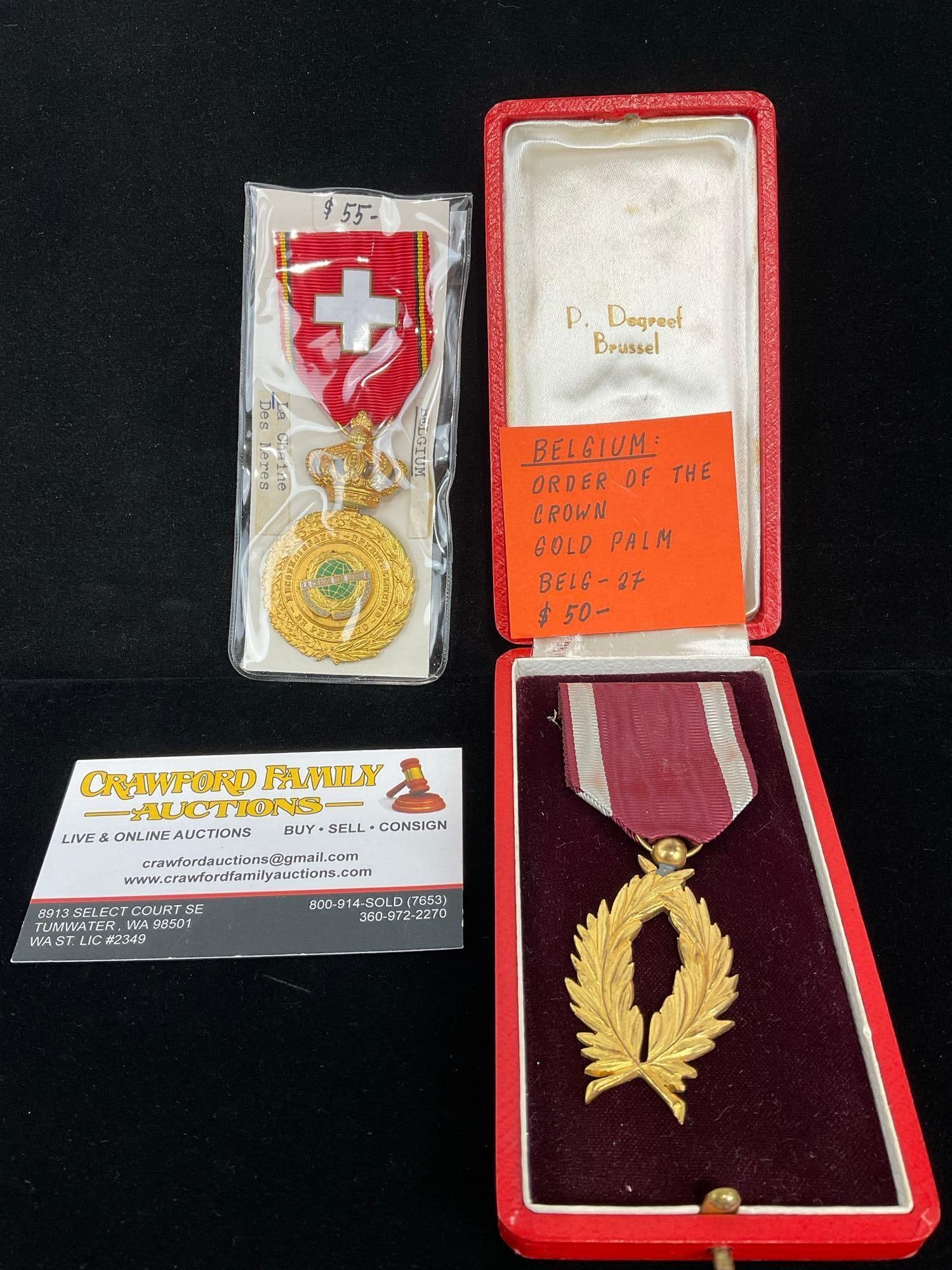 Pair of Belgian Medals, Order of the Crown Gold Palm & La Chaine Des Meres Humanitarian Womens Me... (1 of 4)