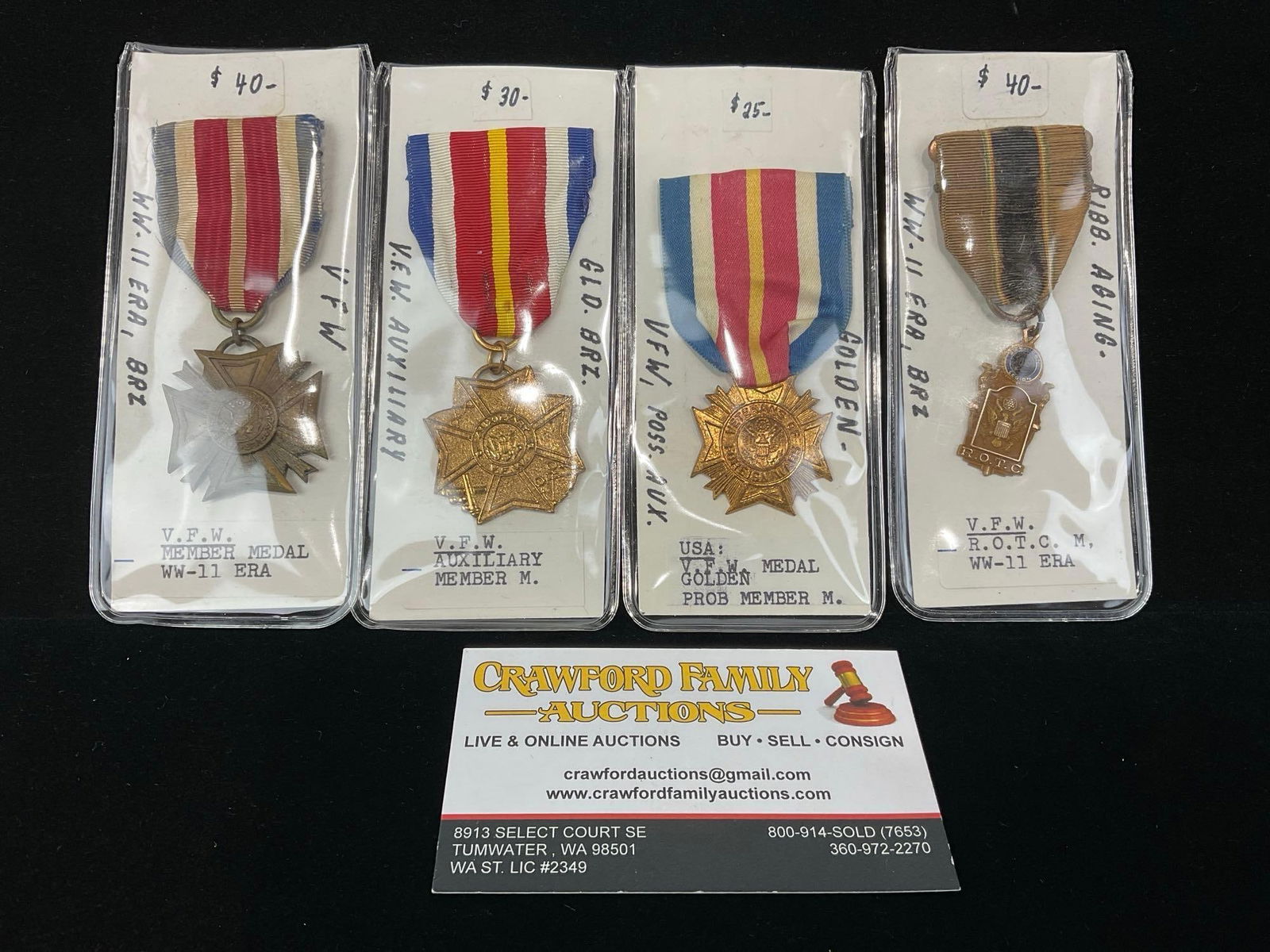 4 VFW US Medals, 2x WW2 Era Member Medals & ROTC & 2x Auxiliary Member Medals: All from a single collection, these are briefly described on the tag and were kept in a display. They measure approx 6h x 3w x 2d inches. See pics. E-5300