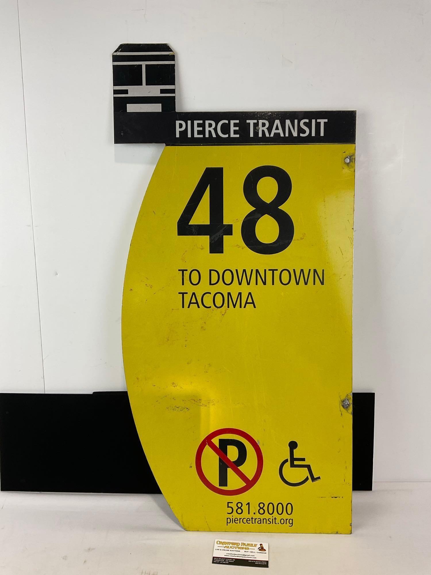 Pierce Transit Sign, 1/4 inch Aluminum, some graffiti on one side, 33h x 16w x 2d inches: Appears to be in good shape. The piece measures approx 33h x 16w x 2d inches. See pics. E-4880