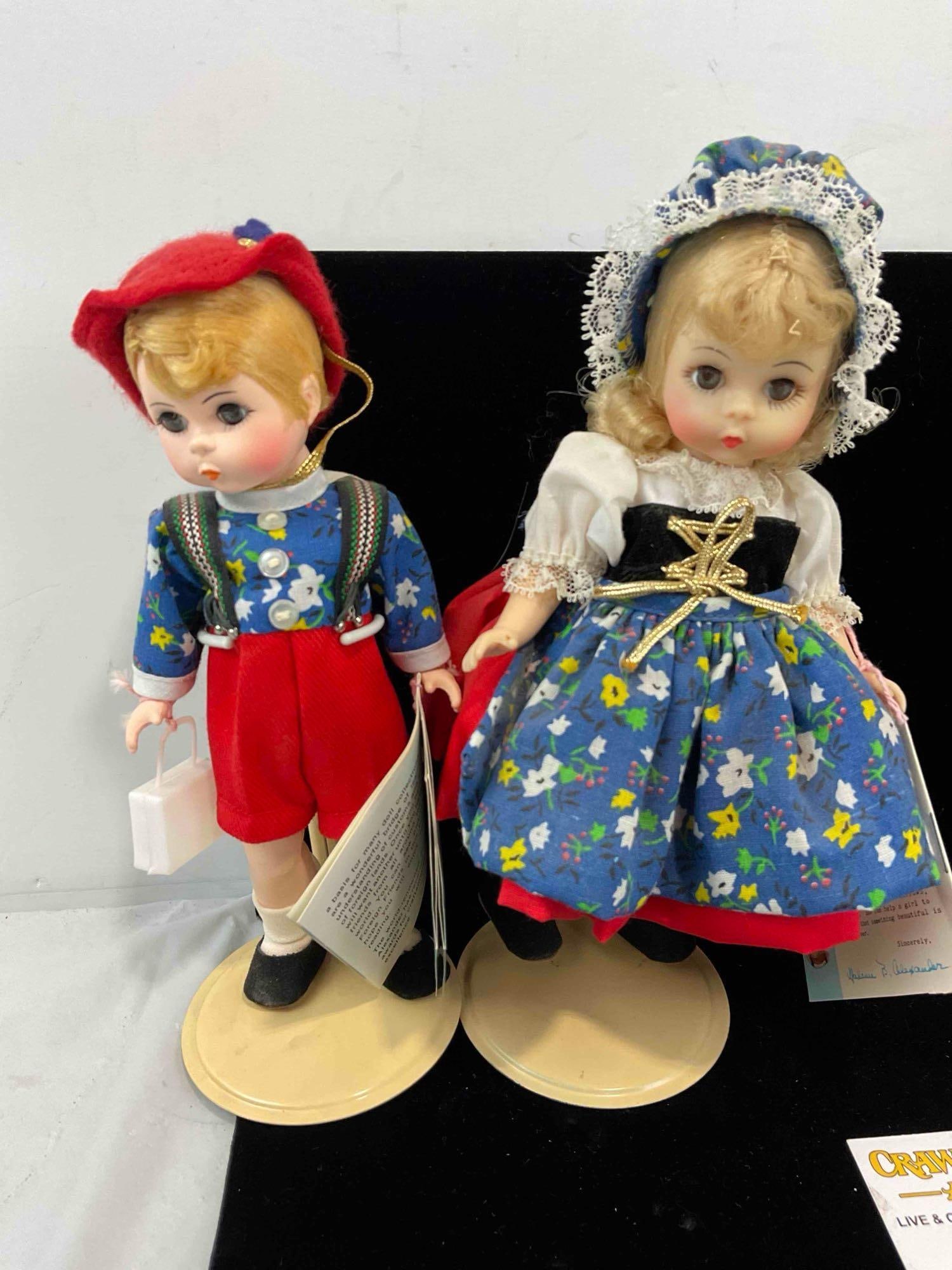 4 pcs Vintage Madame Alexander Porcelain Dolls w/ Stands, incl. Hansel & Gretel, & 2x Tyrolean. - 2