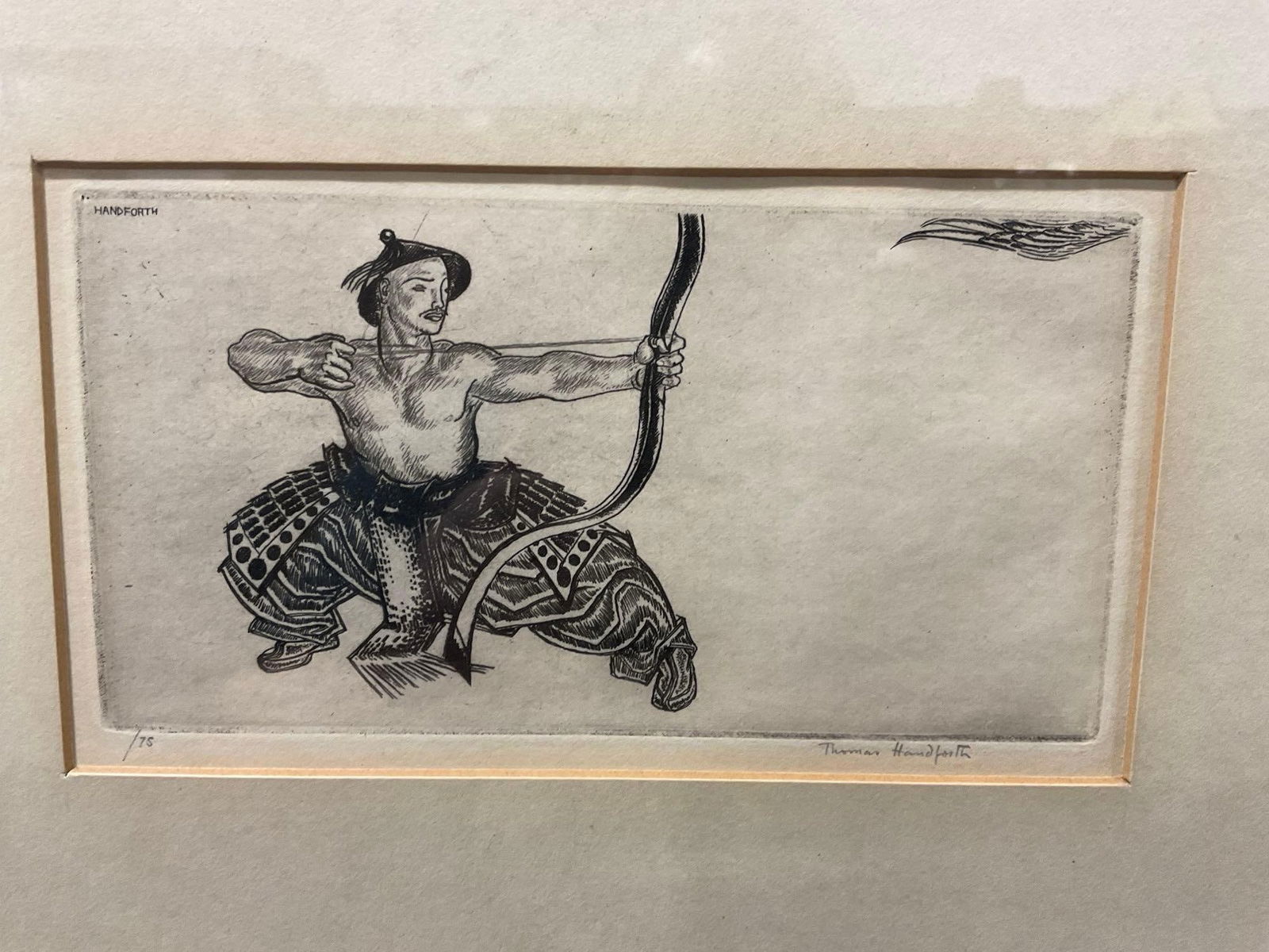 Framed Illustration Chinese Archer, Signed Thomas Handforth, 13h x 16 inches: Appears to be in fair to good condition. Measures approximately 13 x 16 x 3 Inches. See pics. E-5360 