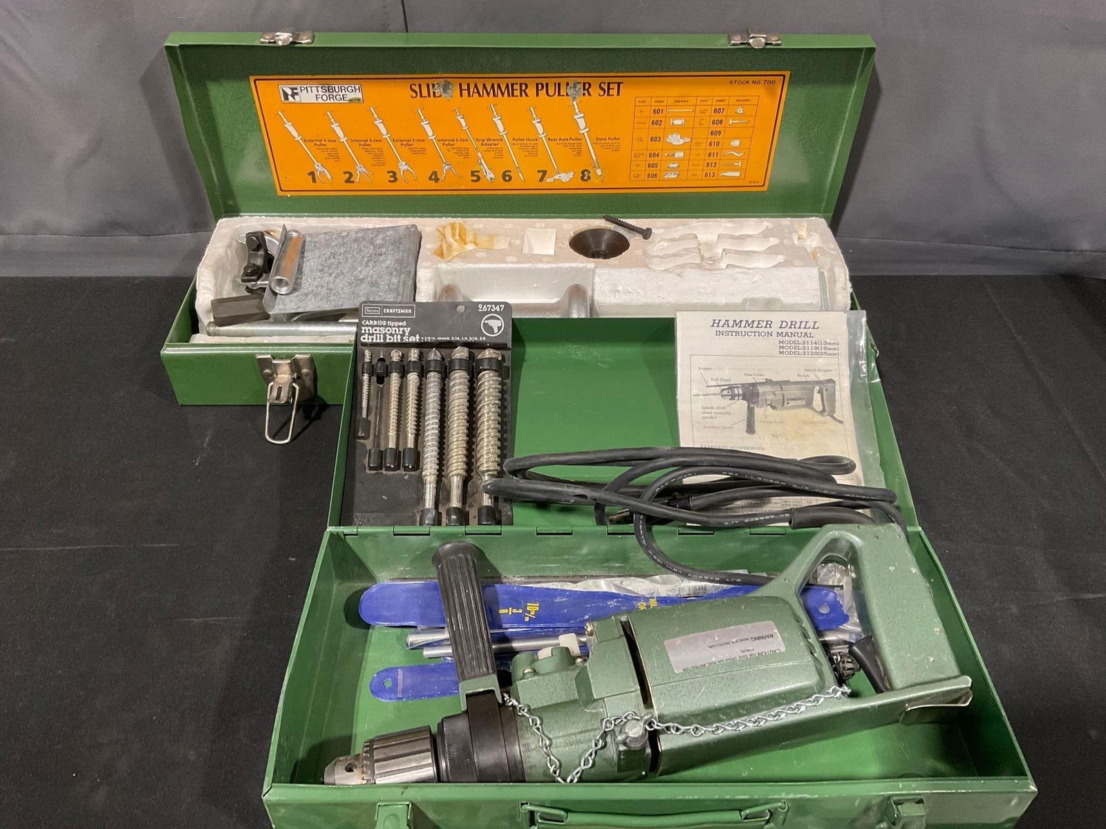 Pittsburgh Forge Slide Hammer Set & Chicago Electric Hammer Drill model 340 in Metal Cases (1 of 4)
