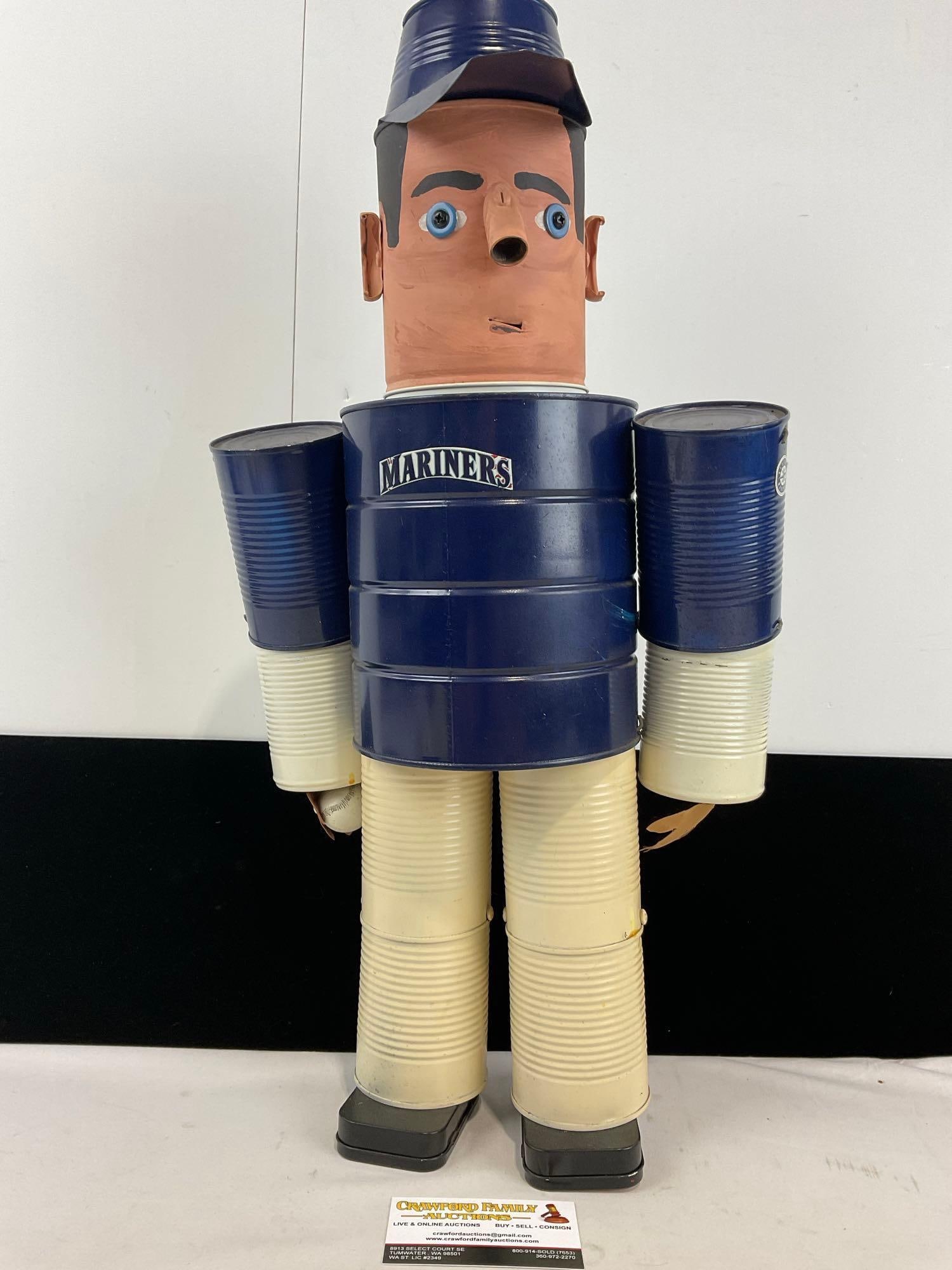 Handmade Folk Art Coffee Tin & Cans Mariners Man, Handpainted, 23h x 11w x 7d inches: Appears to be in fair to good shape. The piece measures approx 23h x 11w x 7d inches. See pics. E-5360 