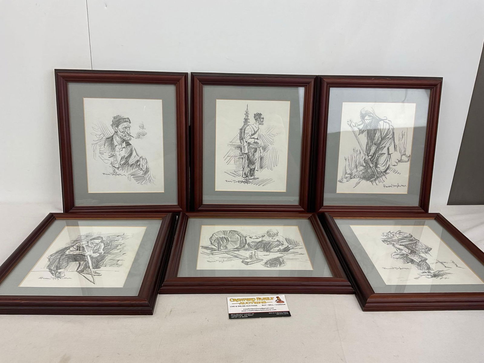 6 Framed Pencil Drawings, Several Folks Using Tools, signed by Prominent Turkish Artist, Remzi Task (1 of 4)