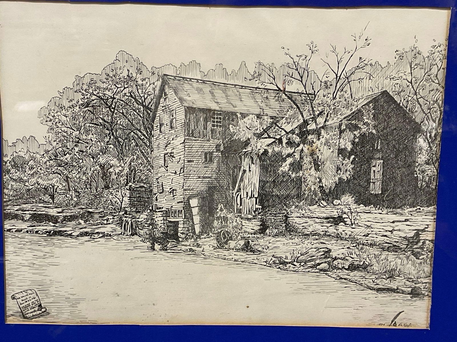 Vintage 1954 Pen Drawing of The Dallas Mill by De Kiefer, 24h x 30w x 4d inches - 2