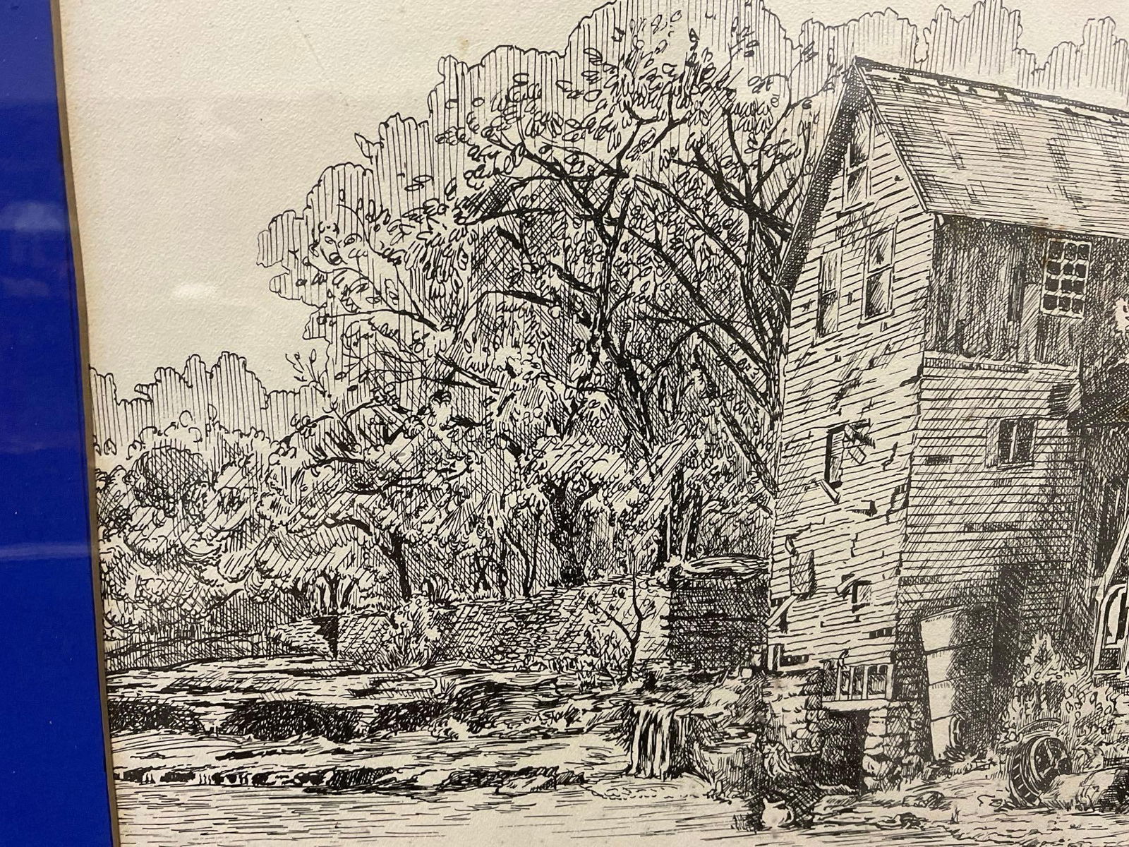 Vintage 1954 Pen Drawing of The Dallas Mill by De Kiefer, 24h x 30w x 4d inches - 3