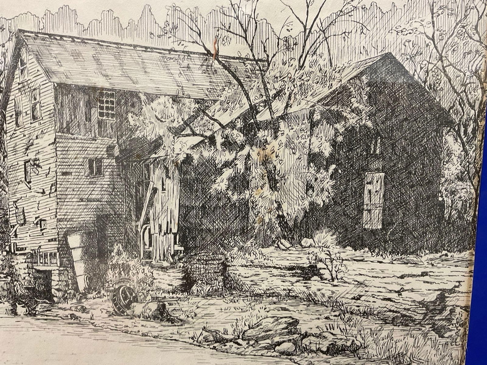 Vintage 1954 Pen Drawing of The Dallas Mill by De Kiefer, 24h x 30w x 4d inches - 4