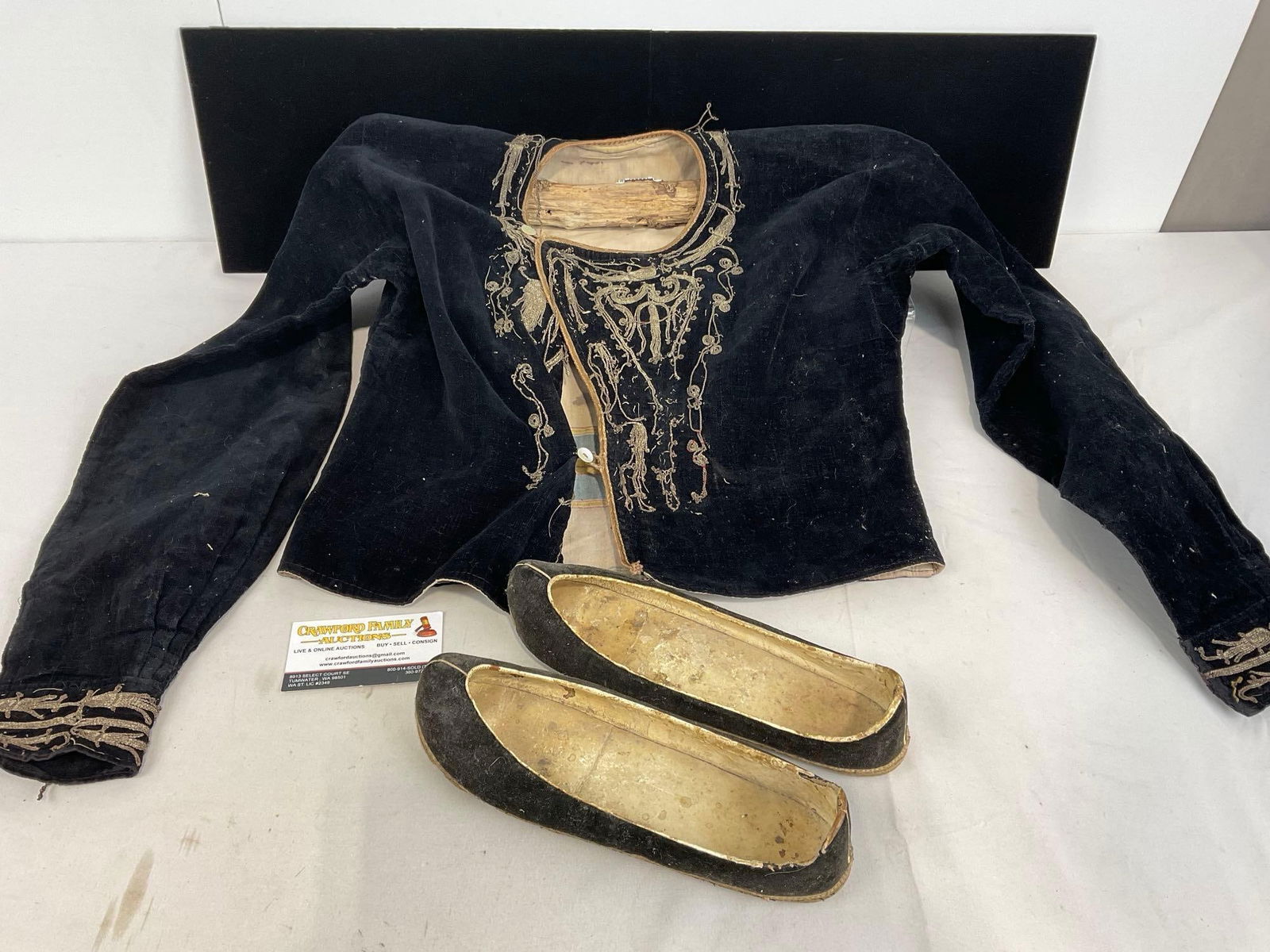 Antique Childs Jacket, Velvet Cloth, Embroidered & Pair of Shoes, Dark Black w/ Gold Details: Appears to be in good shape. The piece measures approx 7h x 18w x 8d inches. See pics. E-5170