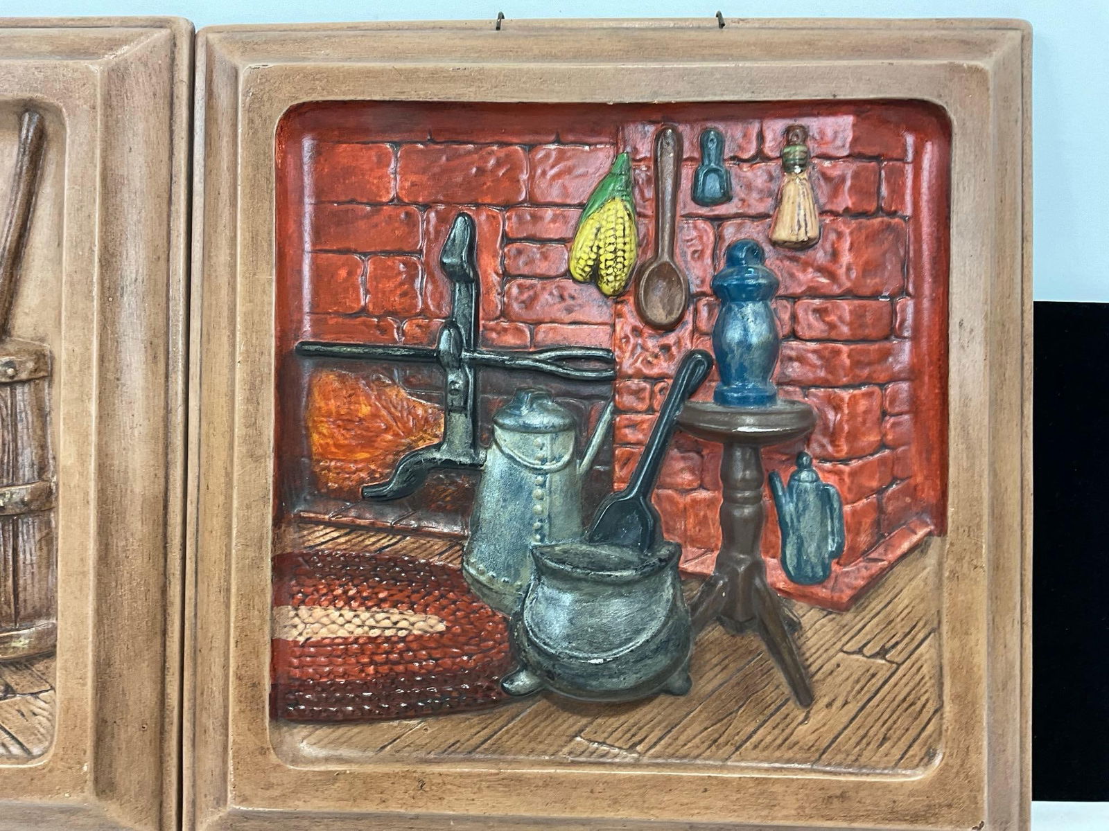 Pair of Chalkware Wall Plaques, Spinning Wheel & Fireplace Scene, 12h x 12w x 4d inches - 3