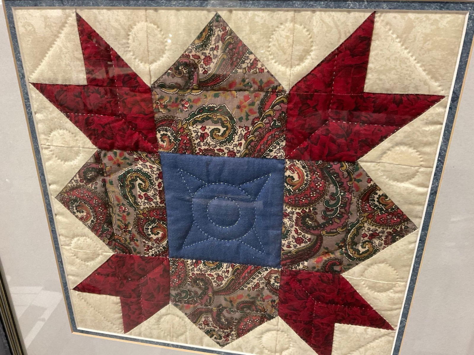Framed Quilt Section, titled Weathervane, approx 20h x 20w x 3d inches - 3