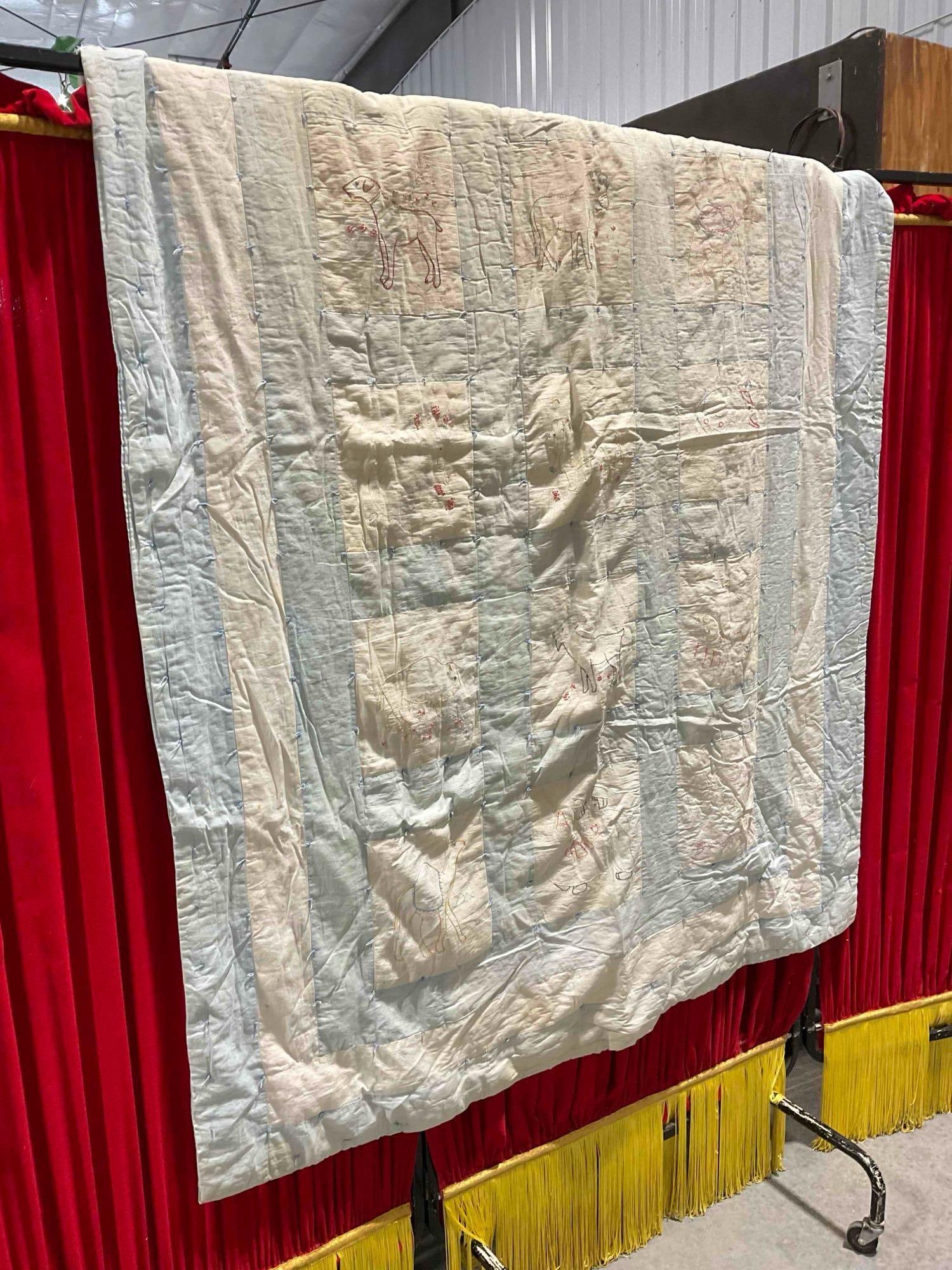 Vintage Adorable Blue & White Hand Quilted Blanket w/ Animals. Good Condition. See pics. - 3