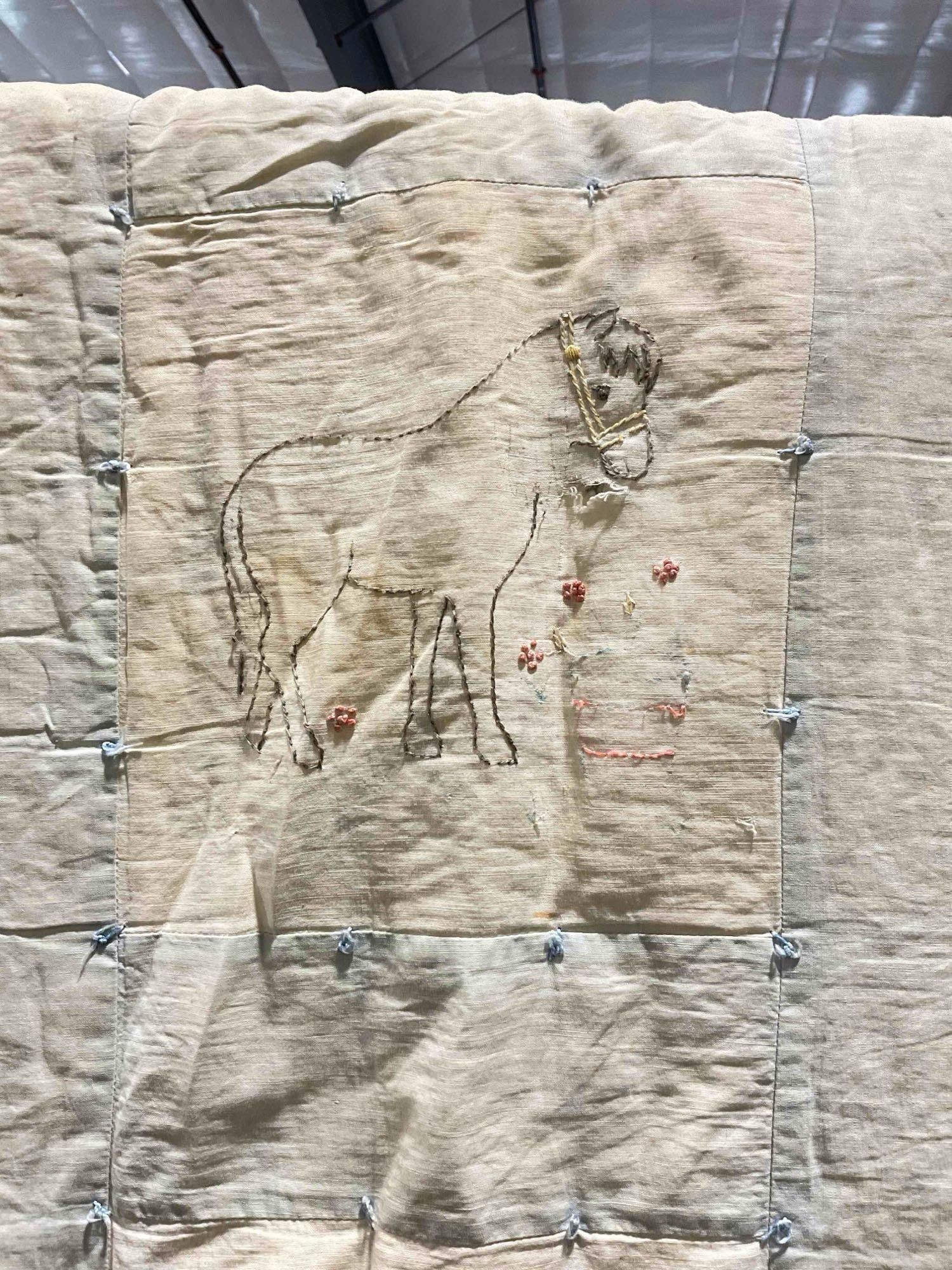 Vintage Adorable Blue & White Hand Quilted Blanket w/ Animals. Good Condition. See pics. - 4