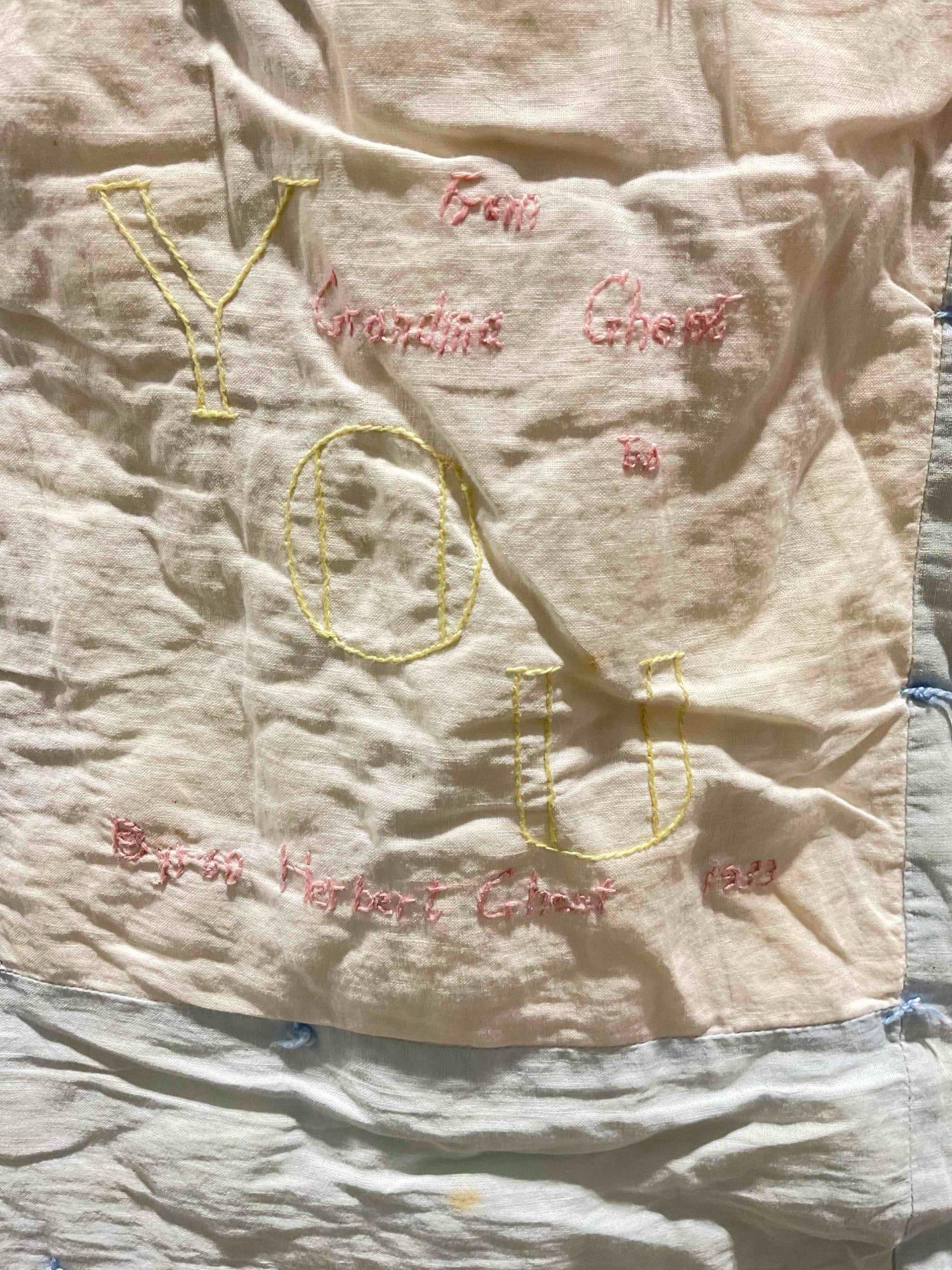 Vintage Adorable Blue & White Hand Quilted Blanket w/ Animals. Good Condition. See pics. - 5