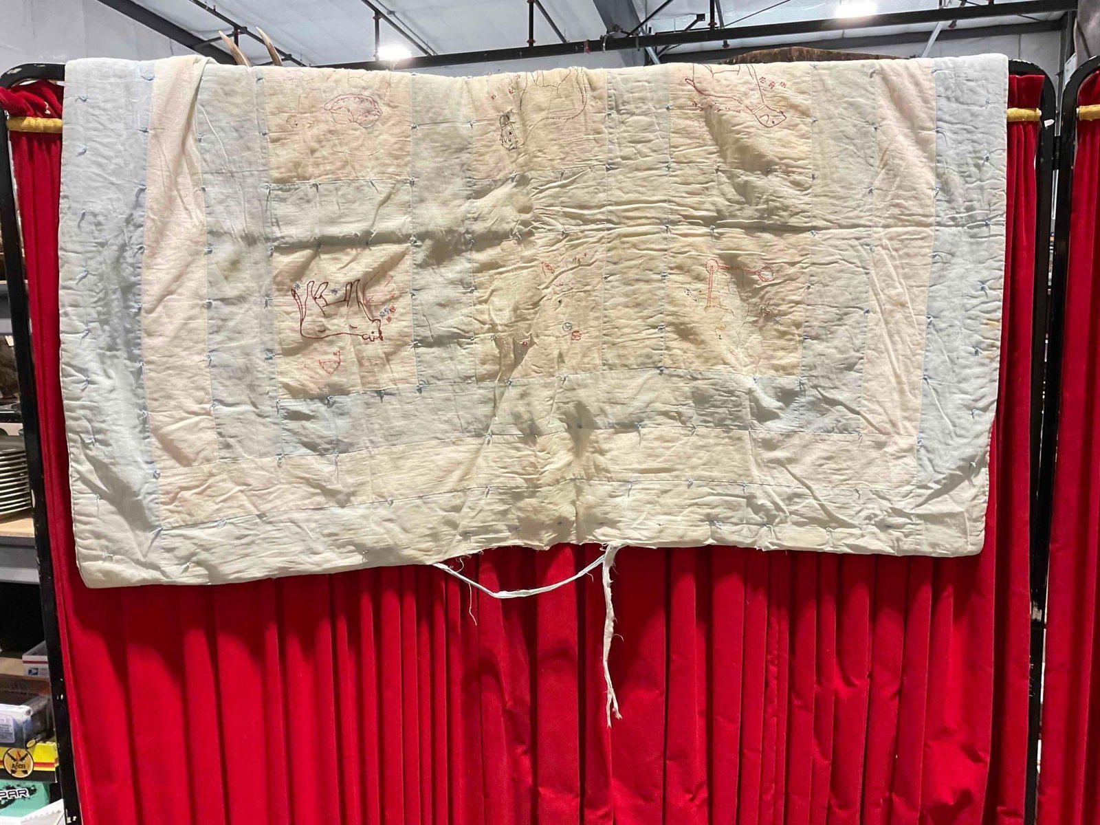 Vintage Adorable Blue & White Hand Quilted Blanket w/ Animals. Good Condition. See pics. - 6