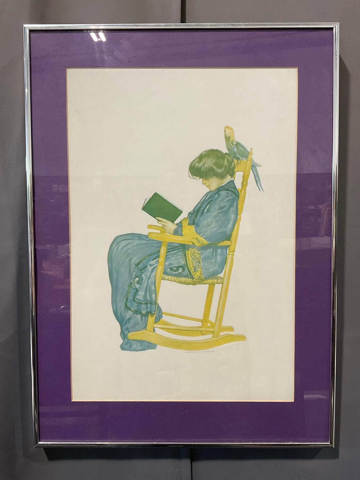 Framed Litho P.F. Collier & Son, Woman reading in Rocking Chair, approx 22h x 17w x 3d inches: Appears to be in good shape. The piece measures approx 22h x 17w x 3d inches. See pics. E-4700 
