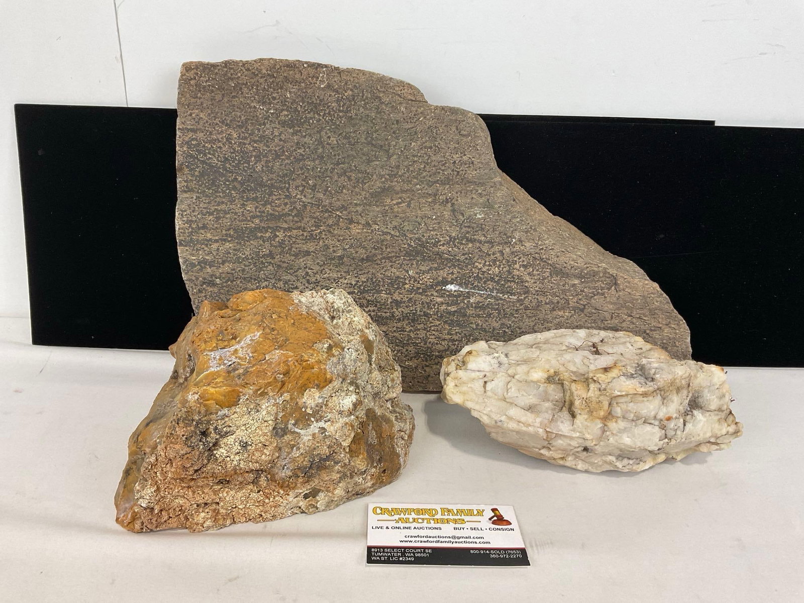 Set of 3 Rocks/Minerals, Quartz/Gypsum, Granite & Slate: Appears to be in good shape. The piece measures approx 7h x 16w x 10d inches. See pics. E-5320 