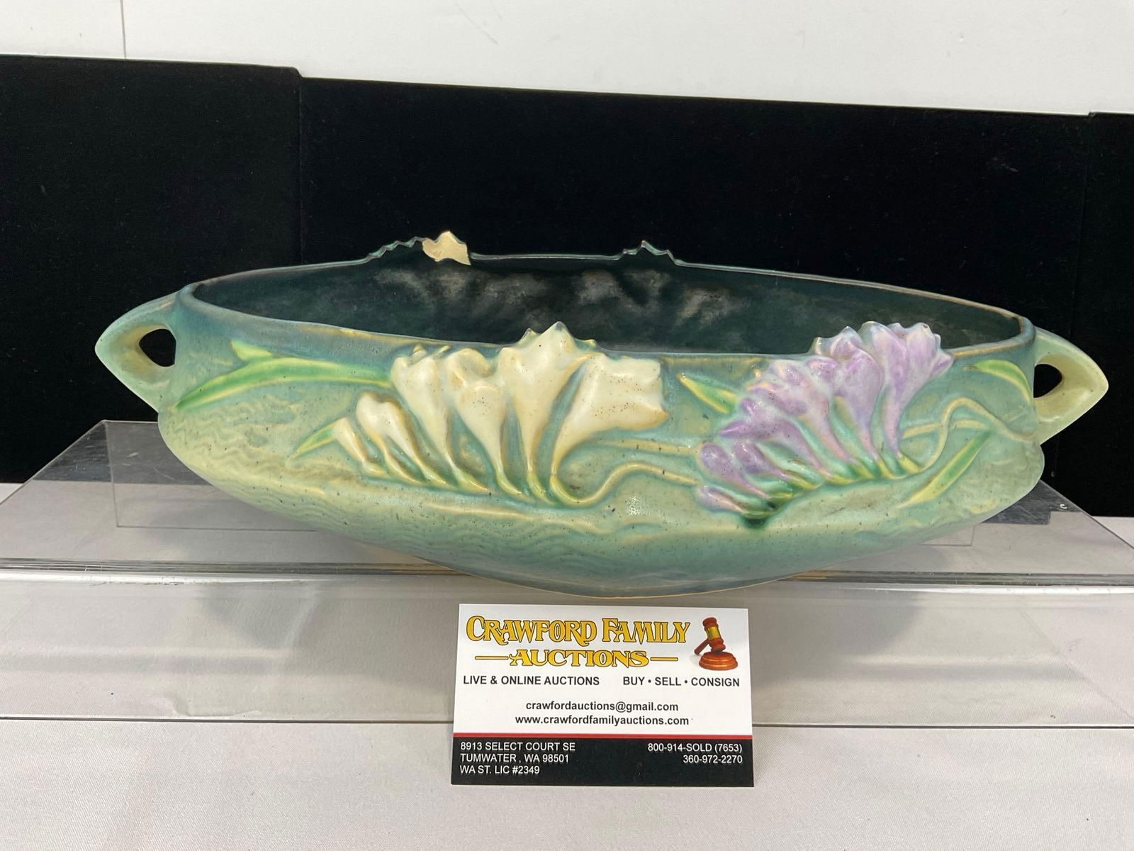 Early 20th Century Roseville Pottery Console Bowl, Shape 466-10 Blue/Green Ombre Freesia Pattern: Appears to be in fair to good shape, one chip, on the inside edge rim. The piece measures approx 4h x 15w x 9d inches. See pics. E-5480