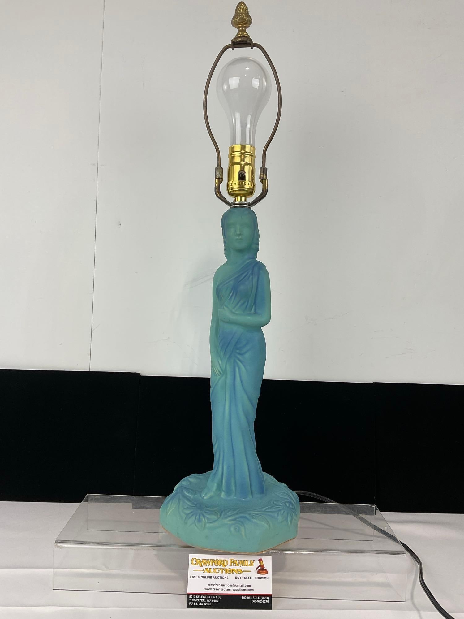 Lovely Van Briggle Pottery Lamp, no shade, tested & working, Blue finish, 24h x 7w x 7d inches (1 of 6)