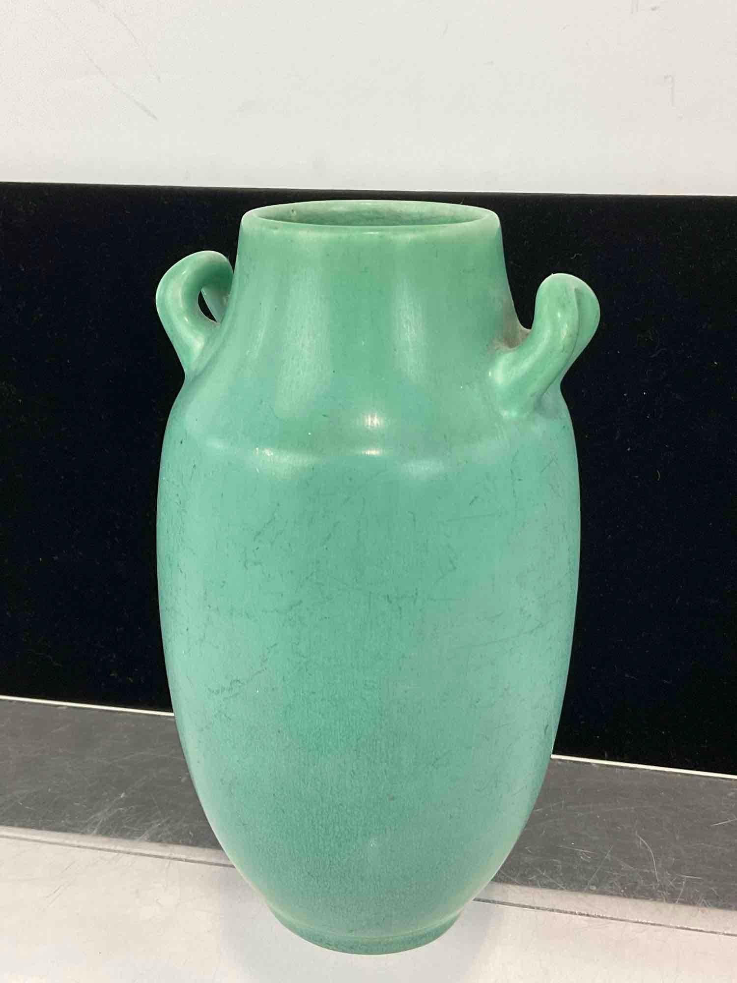 Vintage Rookwood Pottery Double Handled Vase, 7h x 4w x 4d inches, Seafoam Green in color (1 of 3)