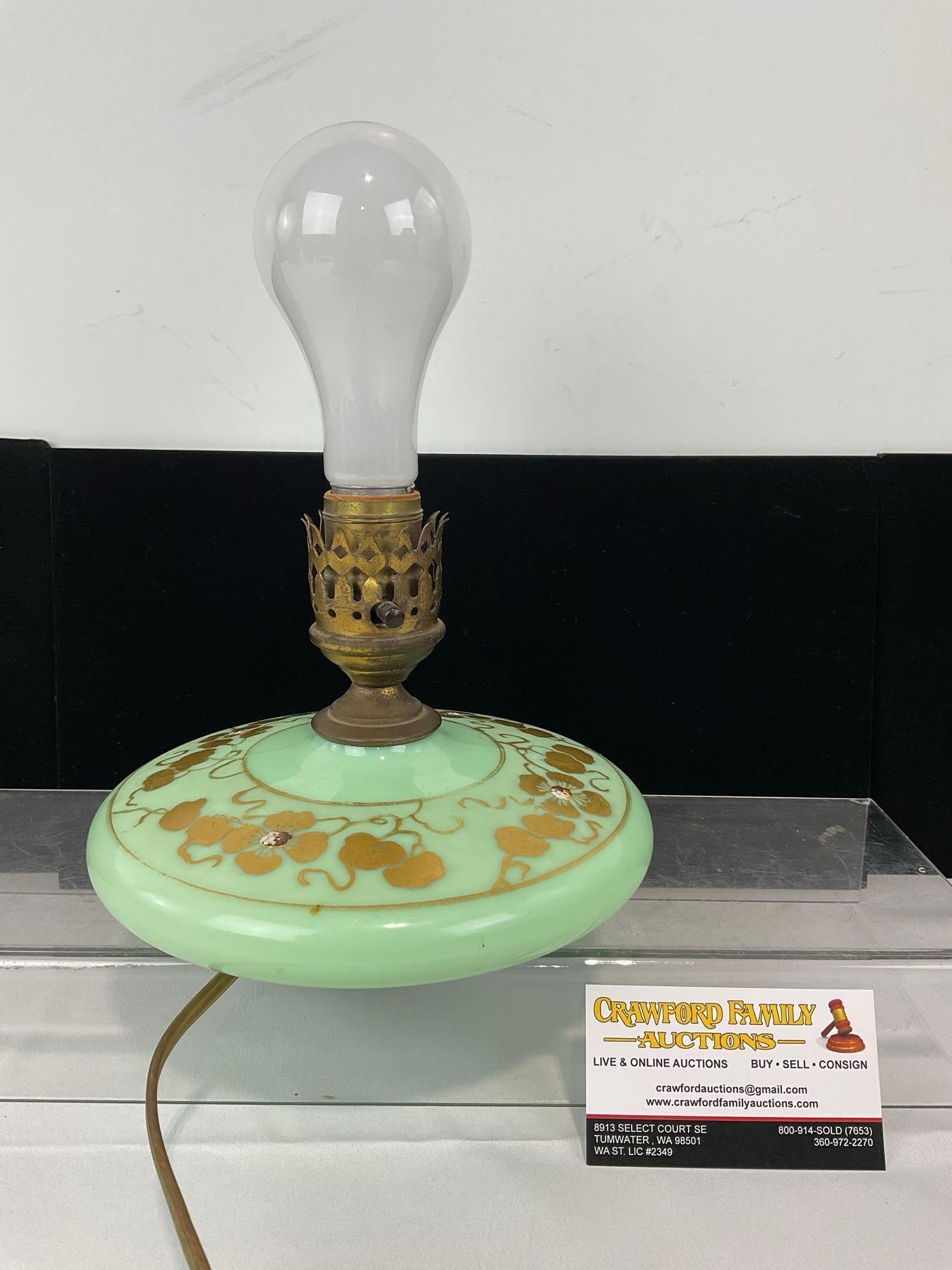 Antique Jadeite Vaseline Green Glass Pancake Lamp, Handpainted, no chimney, 7h x 9w x 9d inches (1 of 7)