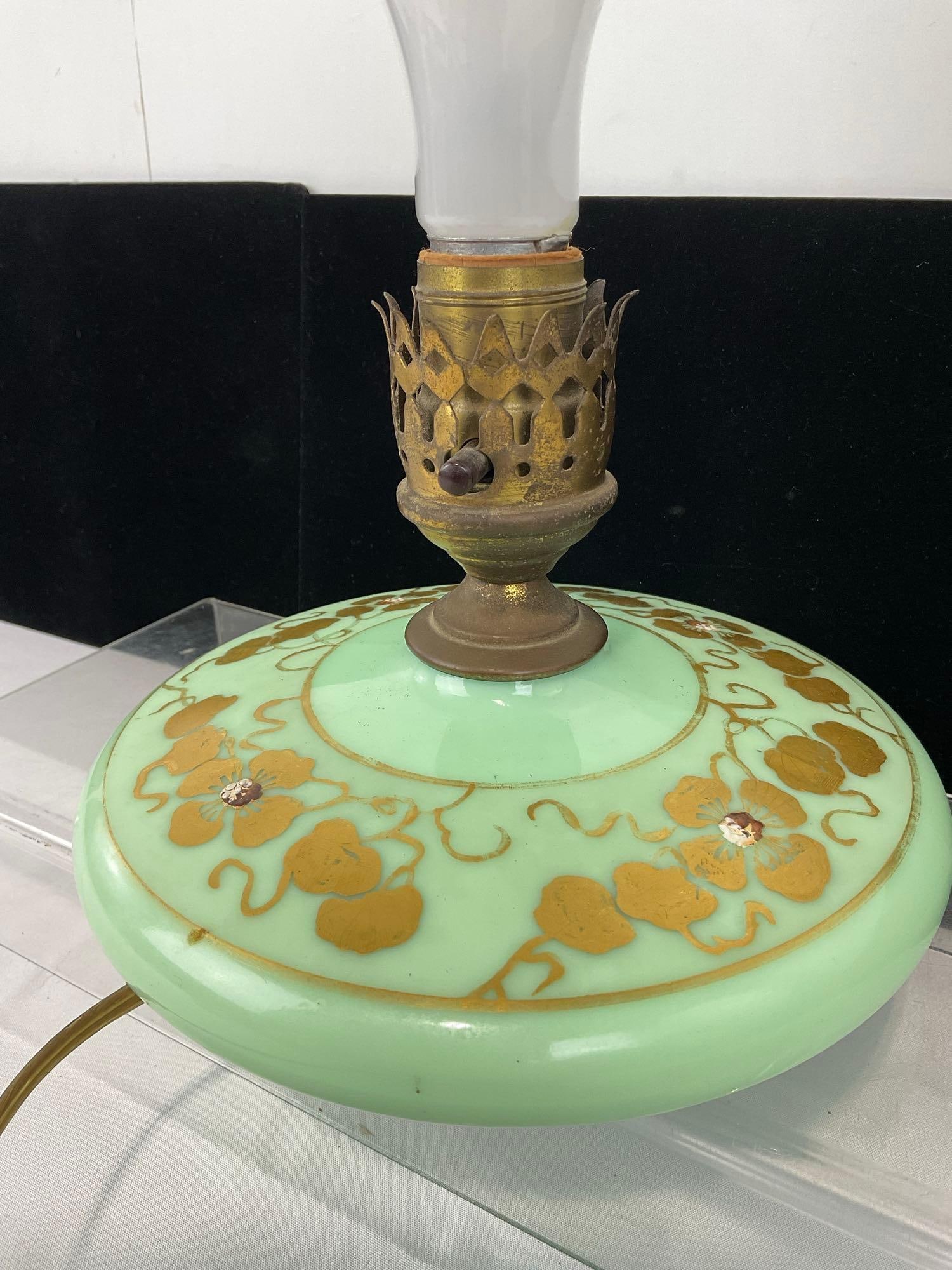 Antique Jadeite Vaseline Green Glass Pancake Lamp, Handpainted, no chimney, 7h x 9w x 9d inches - 2