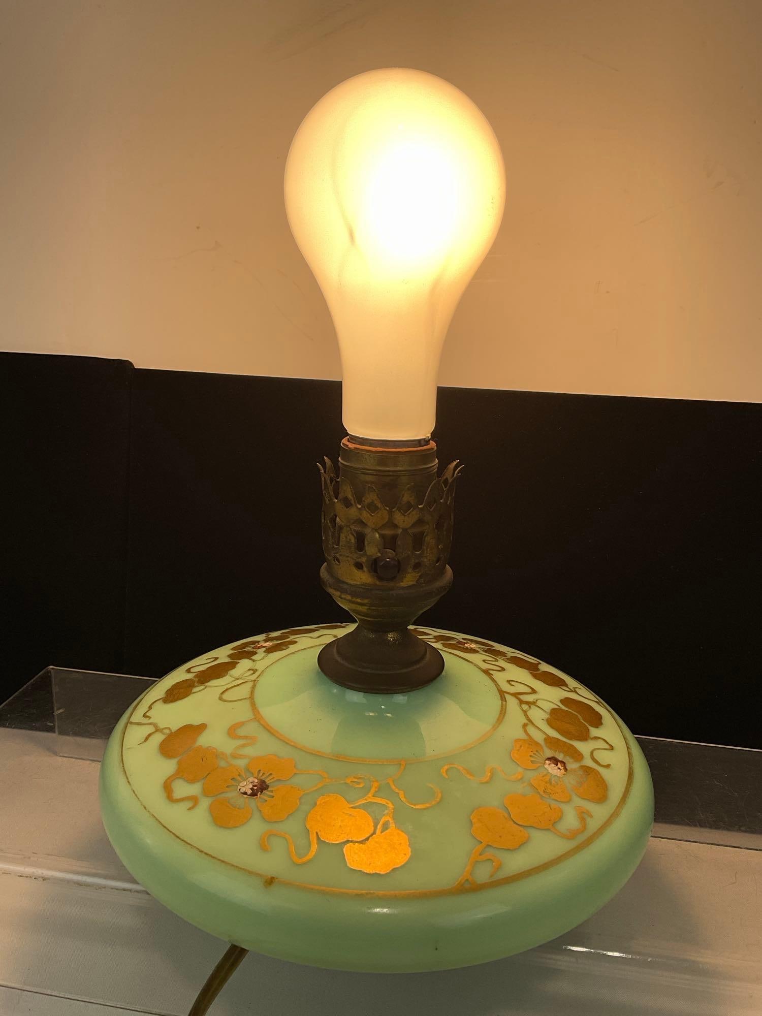 Antique Jadeite Vaseline Green Glass Pancake Lamp, Handpainted, no chimney, 7h x 9w x 9d inches - 3