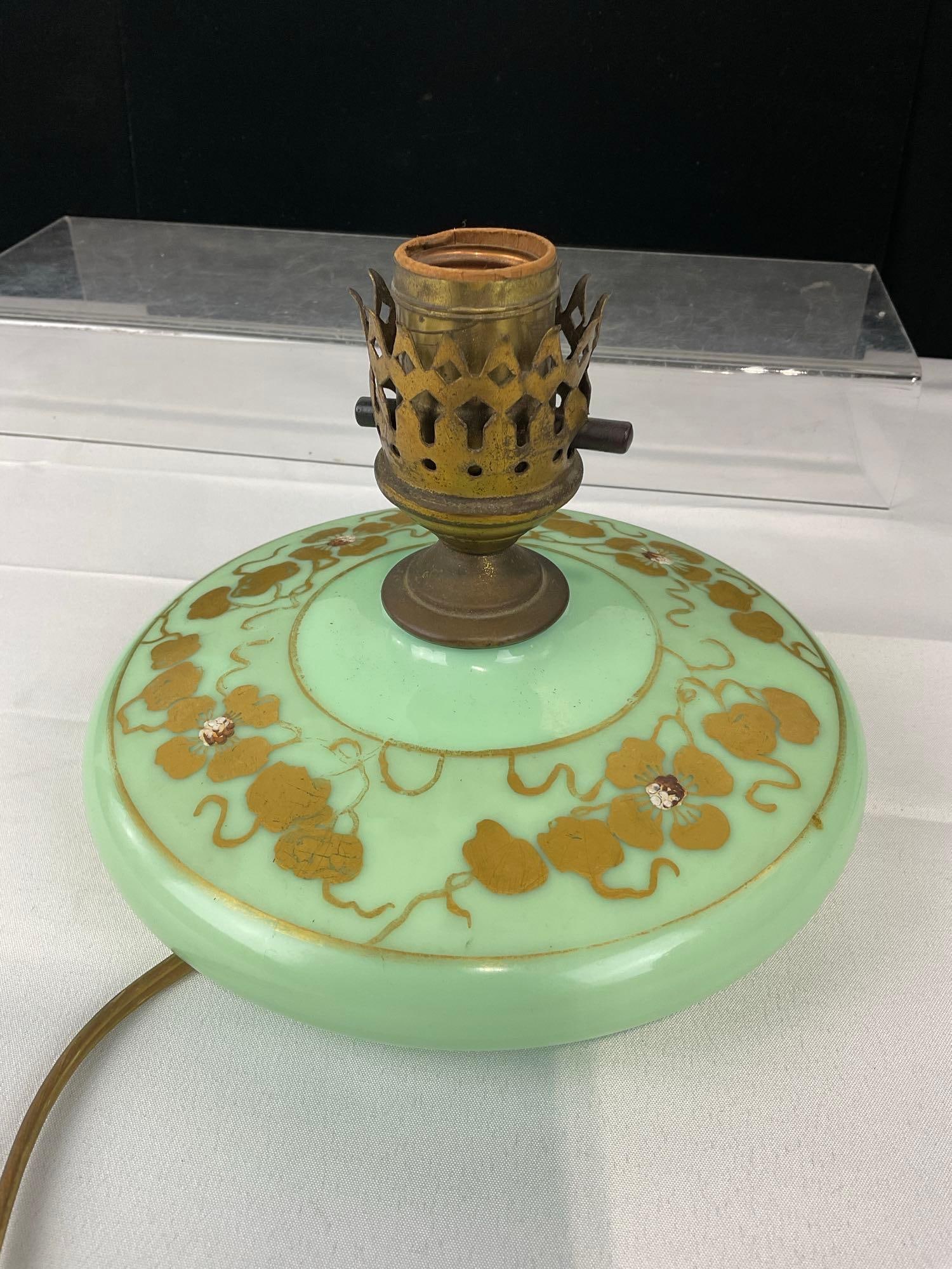 Antique Jadeite Vaseline Green Glass Pancake Lamp, Handpainted, no chimney, 7h x 9w x 9d inches - 4