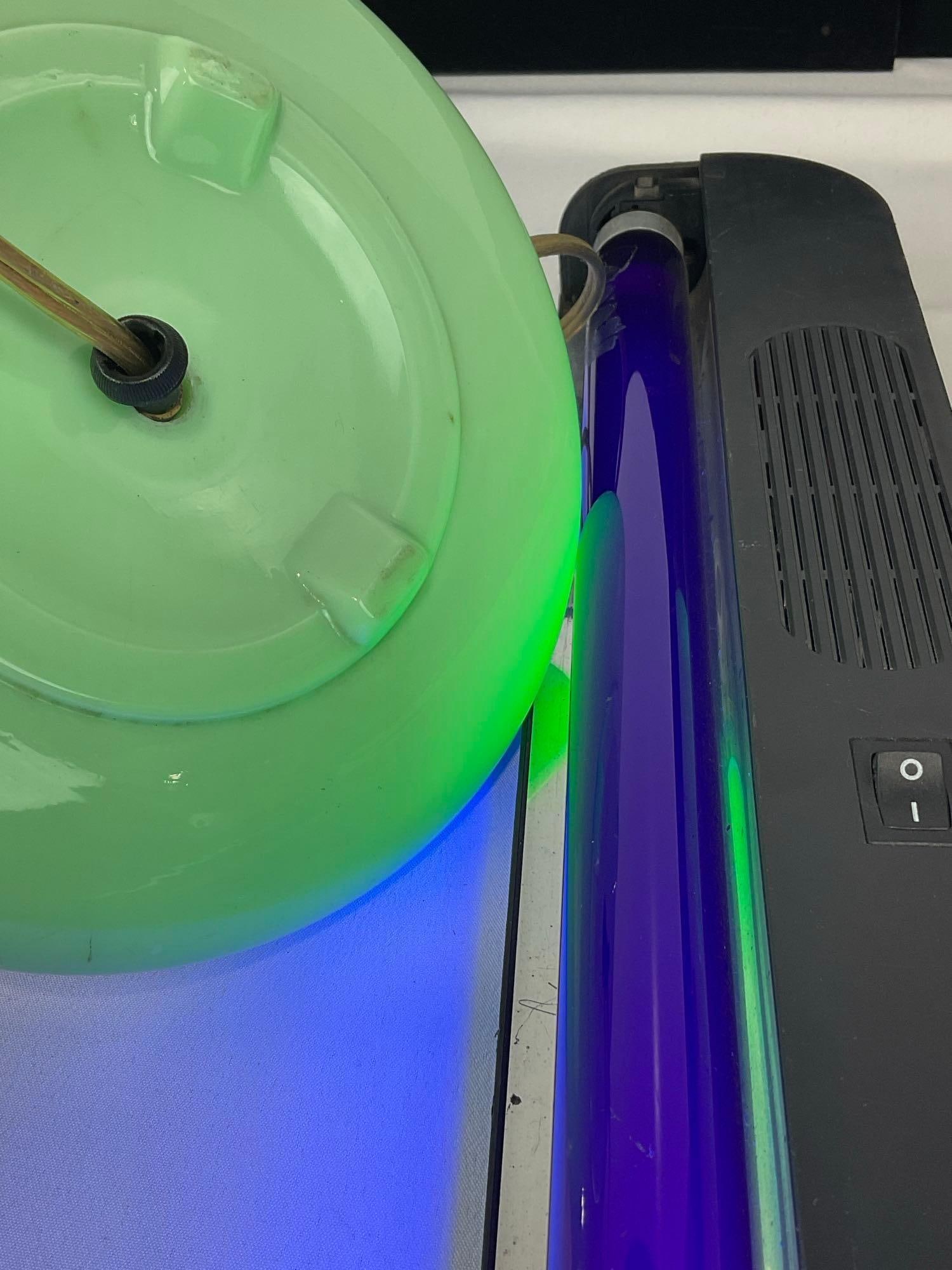 Antique Jadeite Vaseline Green Glass Pancake Lamp, Handpainted, no chimney, 7h x 9w x 9d inches - 7