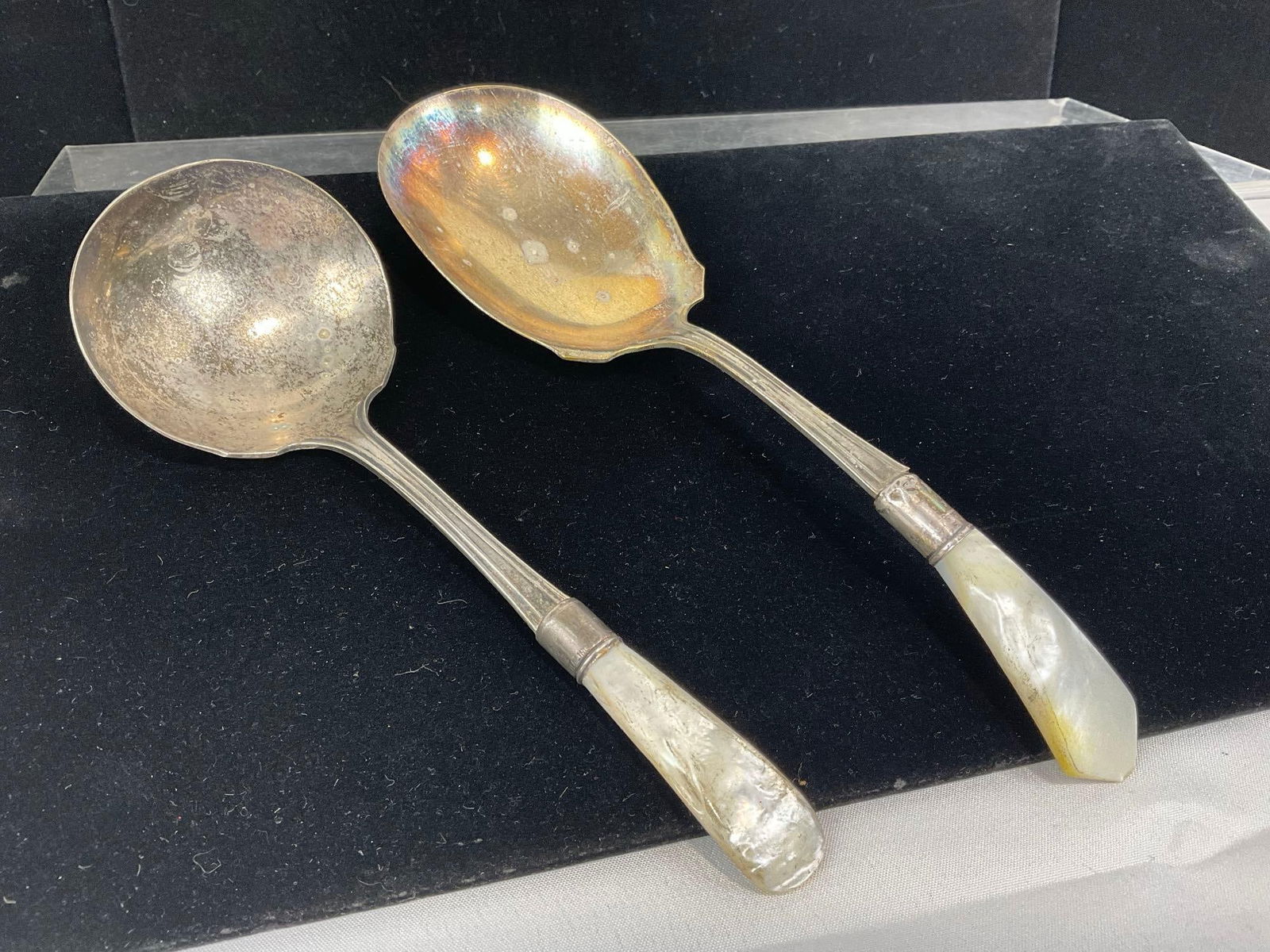 Pair of Antique Spoons, Partially Sterling Silver w/ MOP Handles, 111.1 grams total weight - 2