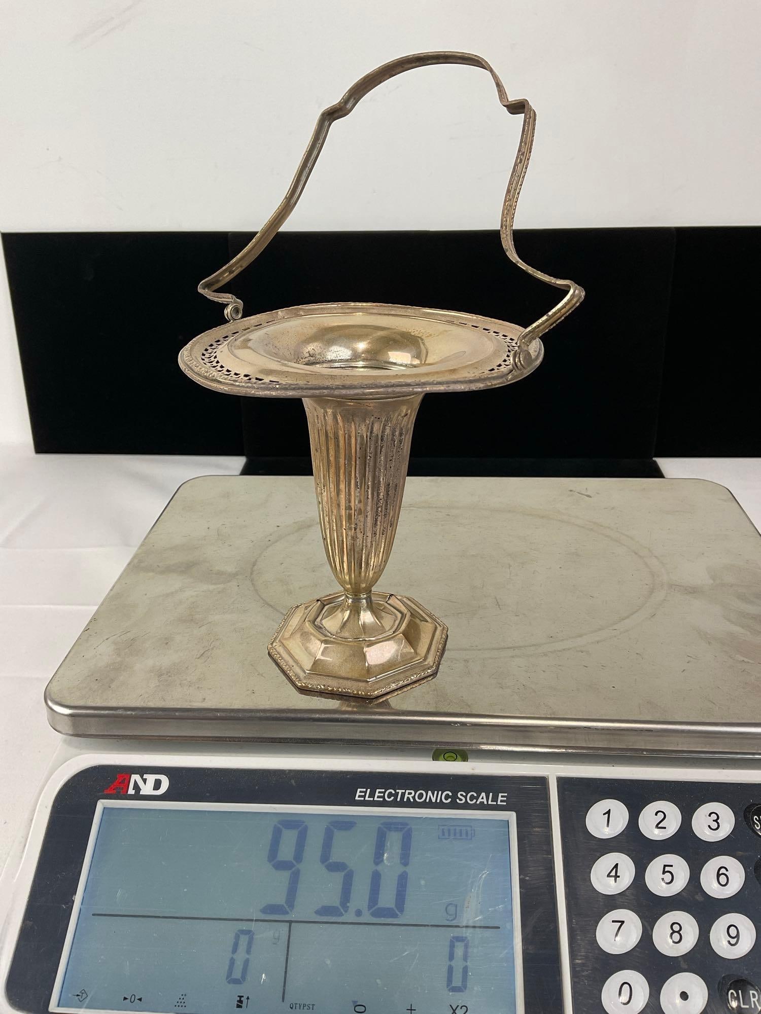 Sterling Silver Trumpet Shaped Brides Basket by Webster? w/ thin handle, 95 grams total weight - 8
