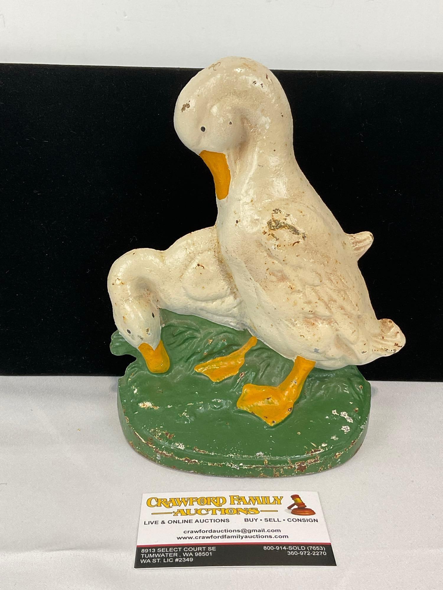 Vintage John Wright Cast Iron Doorstop, Handpainted Two White Ducklings, 8h x 8w x 4d inches (1 of 4)