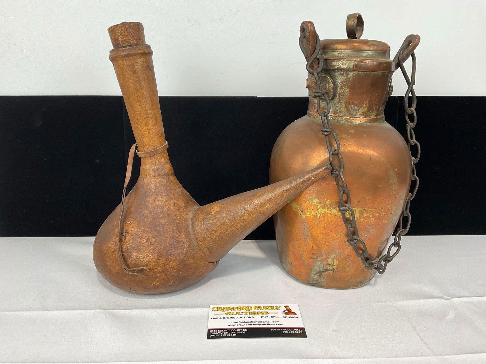 Artesania Raymon Leather Wrapped Porron Bottle Made in Spain & Indian Brass & Copper Canteen: Appears to be in fair to good shape, some wear can be seen. Measures approx 13h x 13w x 7d inches. See pics. E-5360 