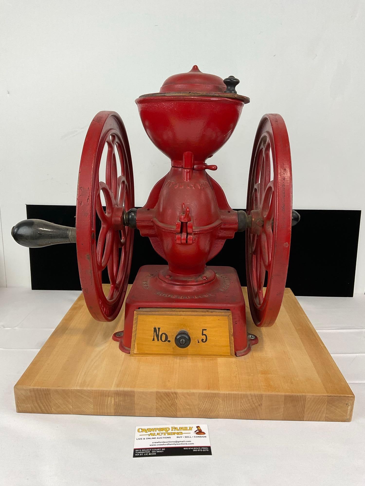 Large Double Wheeled Cast Iron Coffee Grinder Enterprise MFG Co Philly PA, no 5, w/Wood Base (1 of 8)