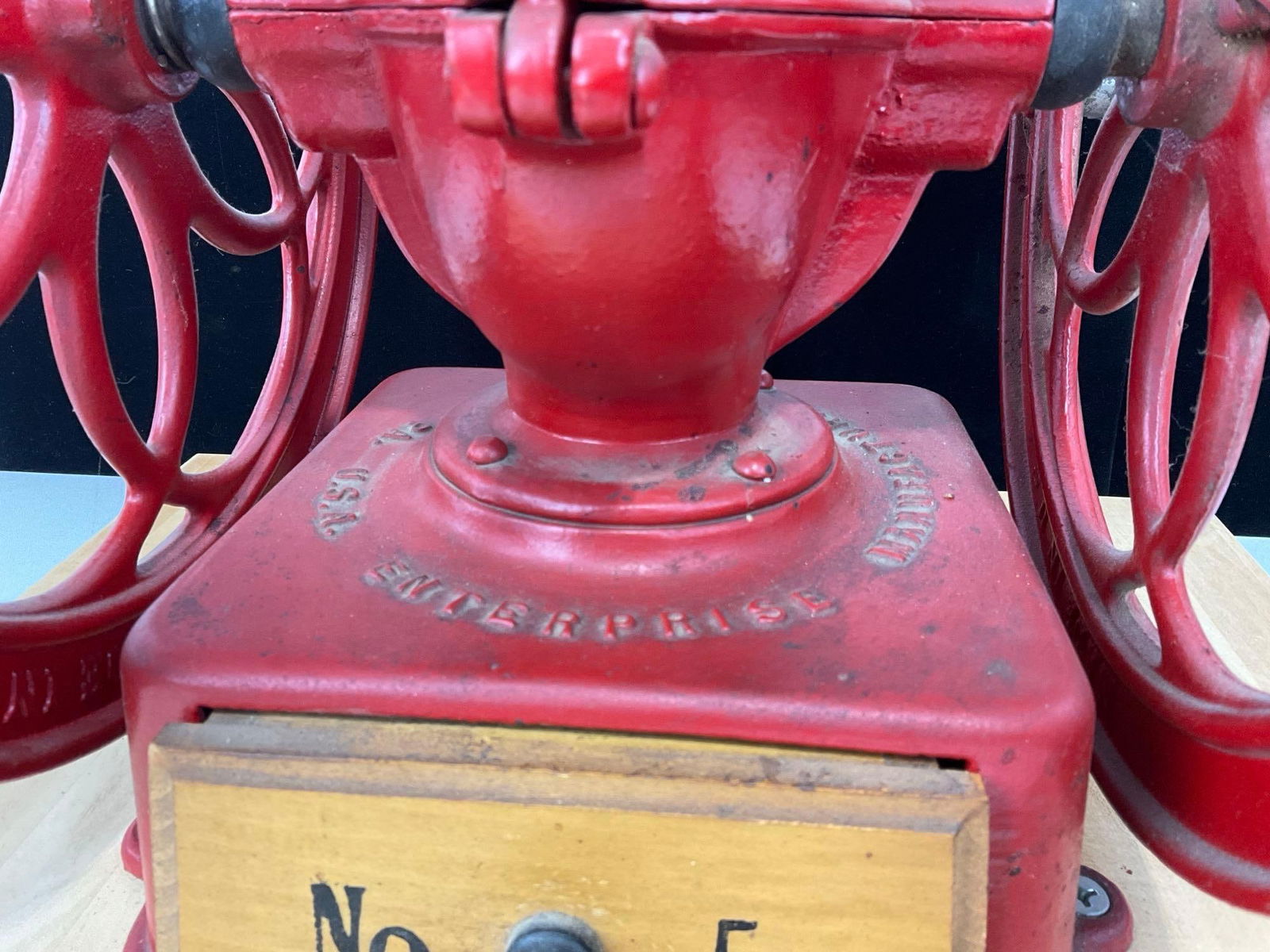 Large Double Wheeled Cast Iron Coffee Grinder Enterprise MFG Co Philly PA, no 5, w/Wood Base - 2
