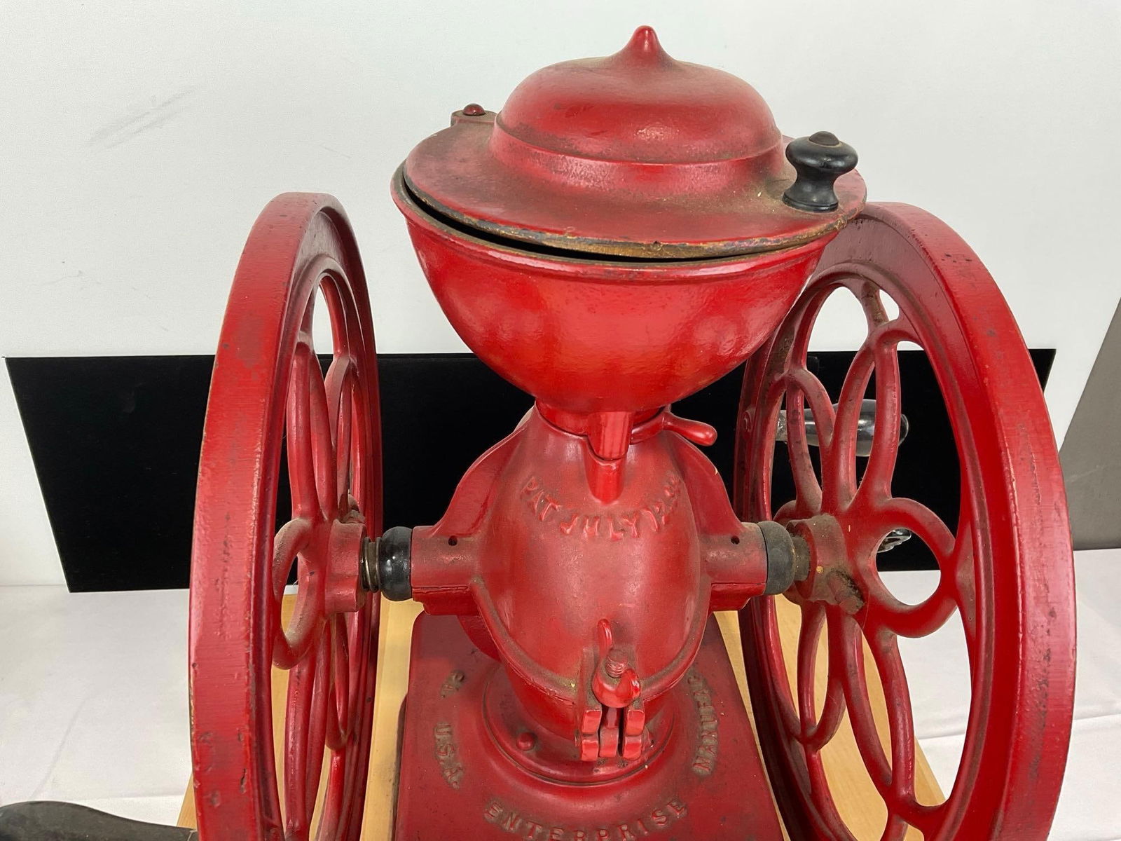 Large Double Wheeled Cast Iron Coffee Grinder Enterprise MFG Co Philly PA, no 5, w/Wood Base - 3