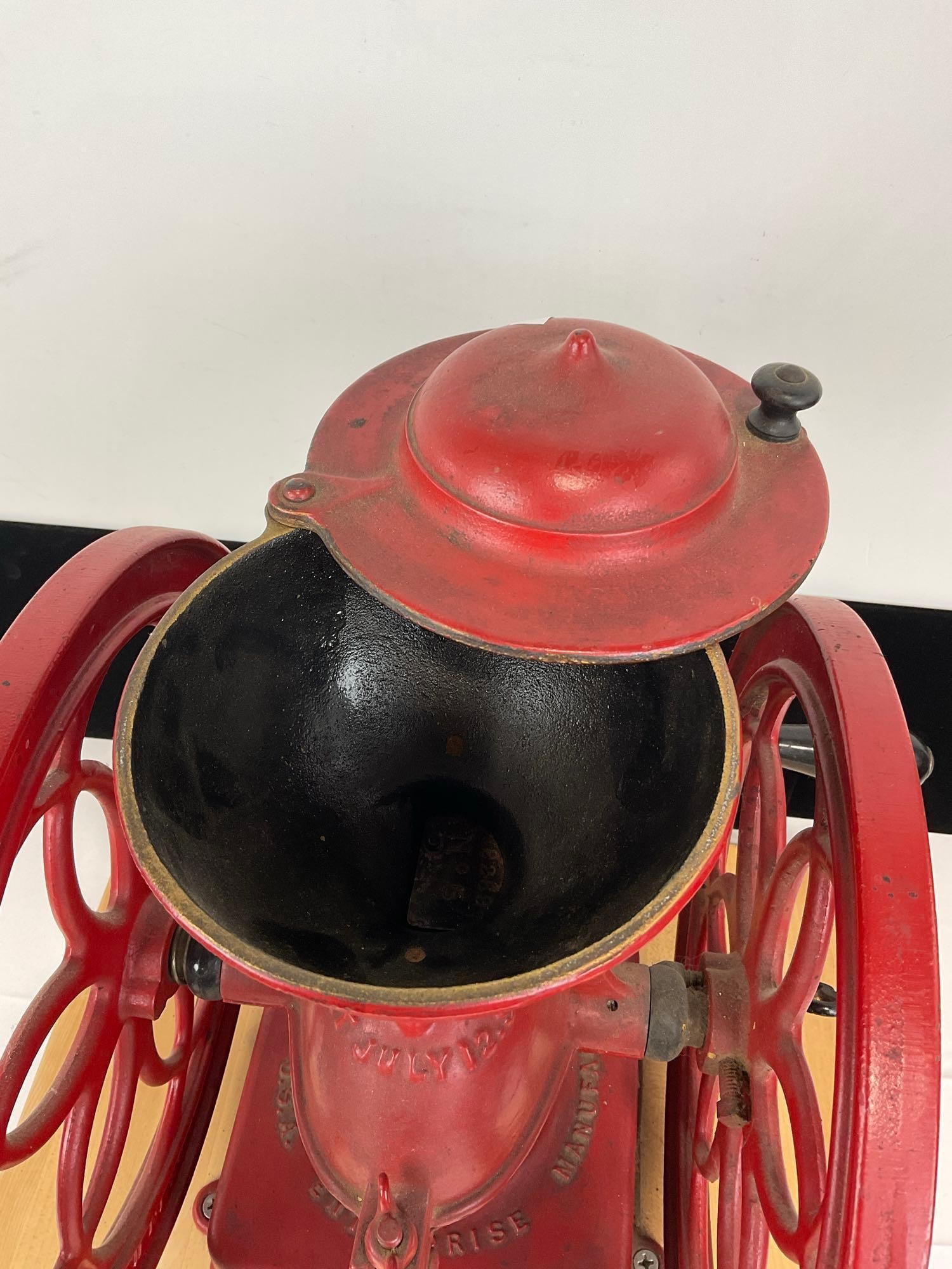 Large Double Wheeled Cast Iron Coffee Grinder Enterprise MFG Co Philly PA, no 5, w/Wood Base - 4