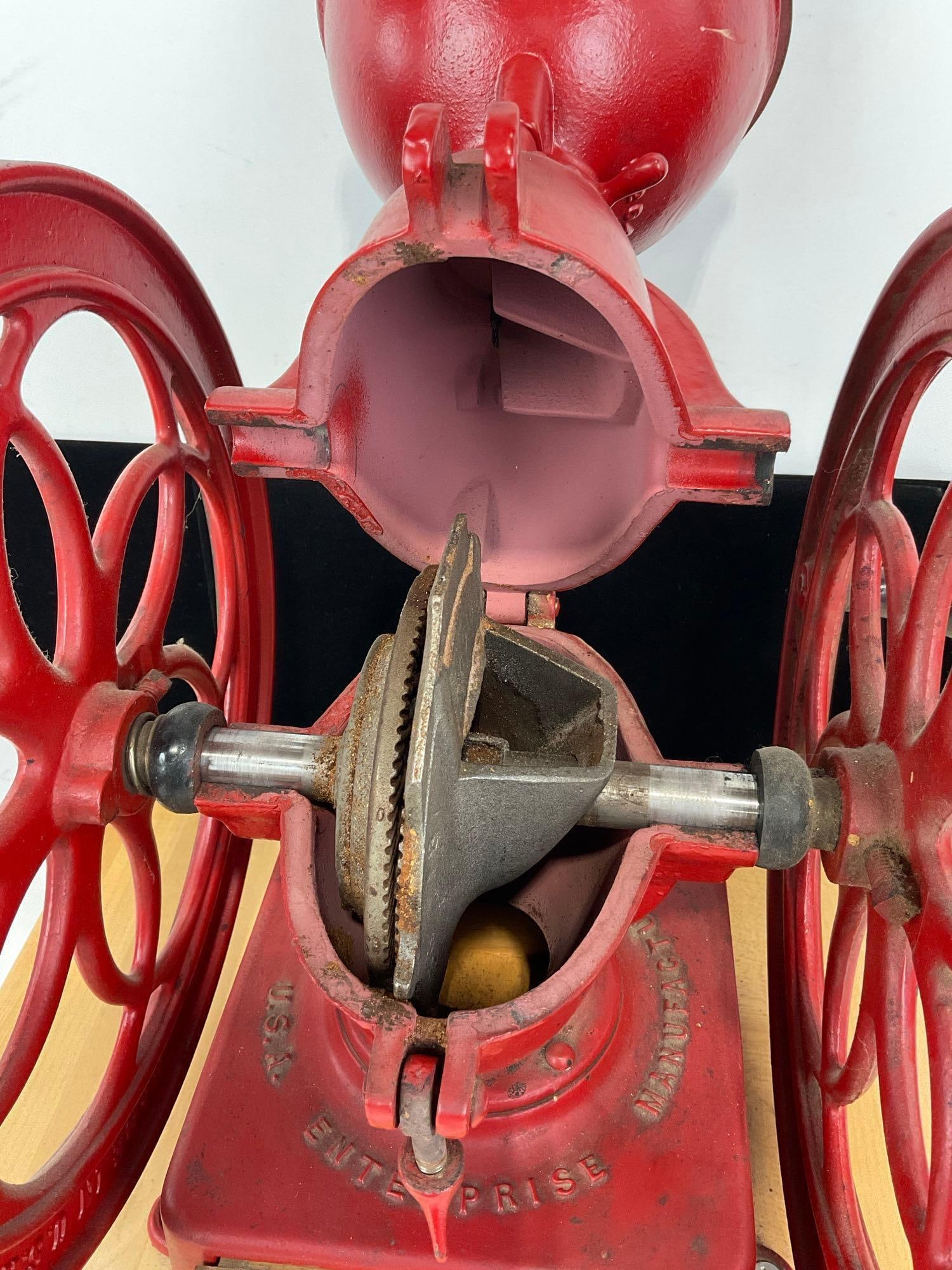 Large Double Wheeled Cast Iron Coffee Grinder Enterprise MFG Co Philly PA, no 5, w/Wood Base - 5