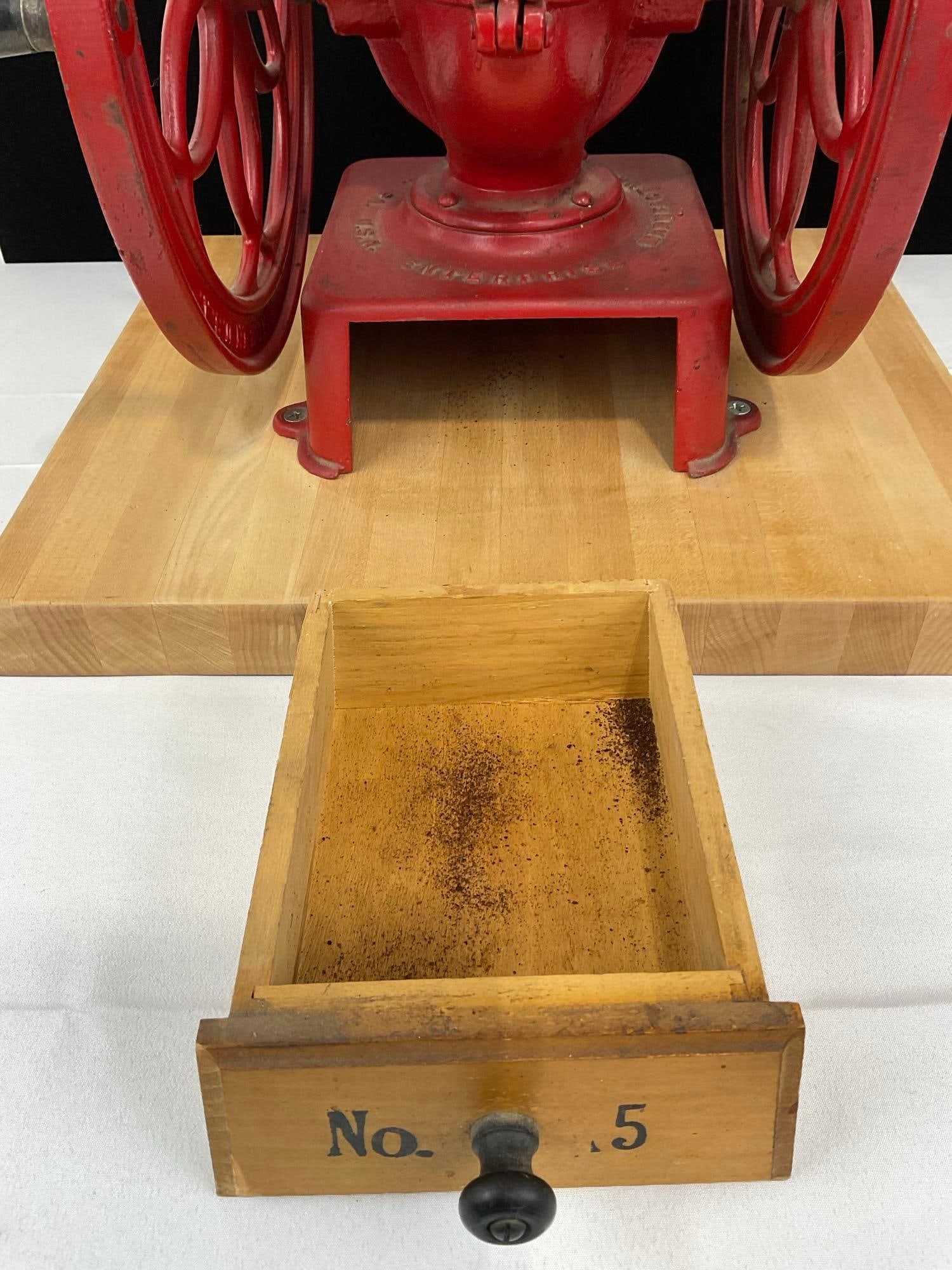 Large Double Wheeled Cast Iron Coffee Grinder Enterprise MFG Co Philly PA, no 5, w/Wood Base - 6