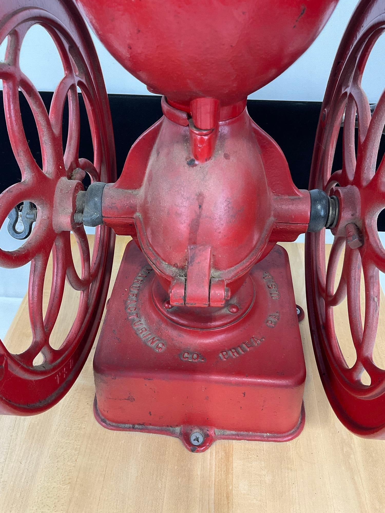 Large Double Wheeled Cast Iron Coffee Grinder Enterprise MFG Co Philly PA, no 5, w/Wood Base - 7