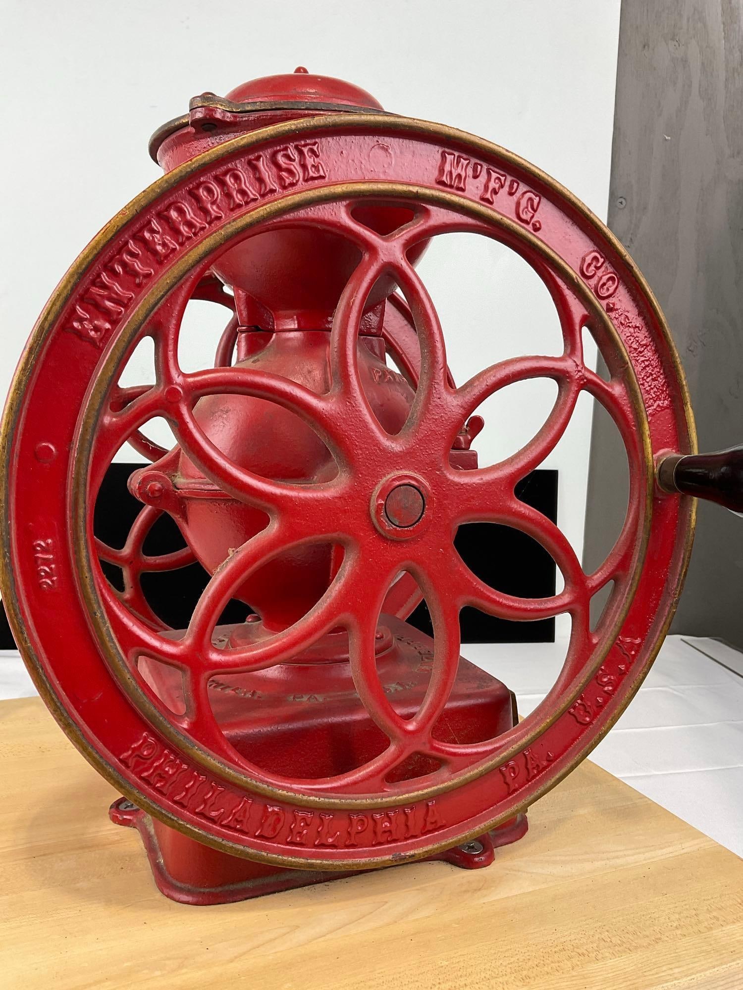 Large Double Wheeled Cast Iron Coffee Grinder Enterprise MFG Co Philly PA, no 5, w/Wood Base - 8