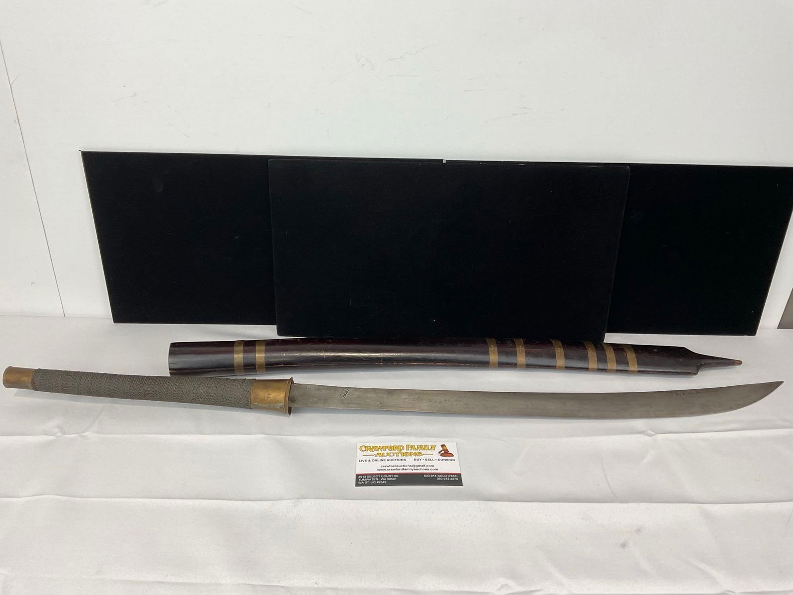 Vintage Burmese Dha Sword Brass Wrapped Wooden Scabbard, 34h x 4w x 3d inches (1 of 7)