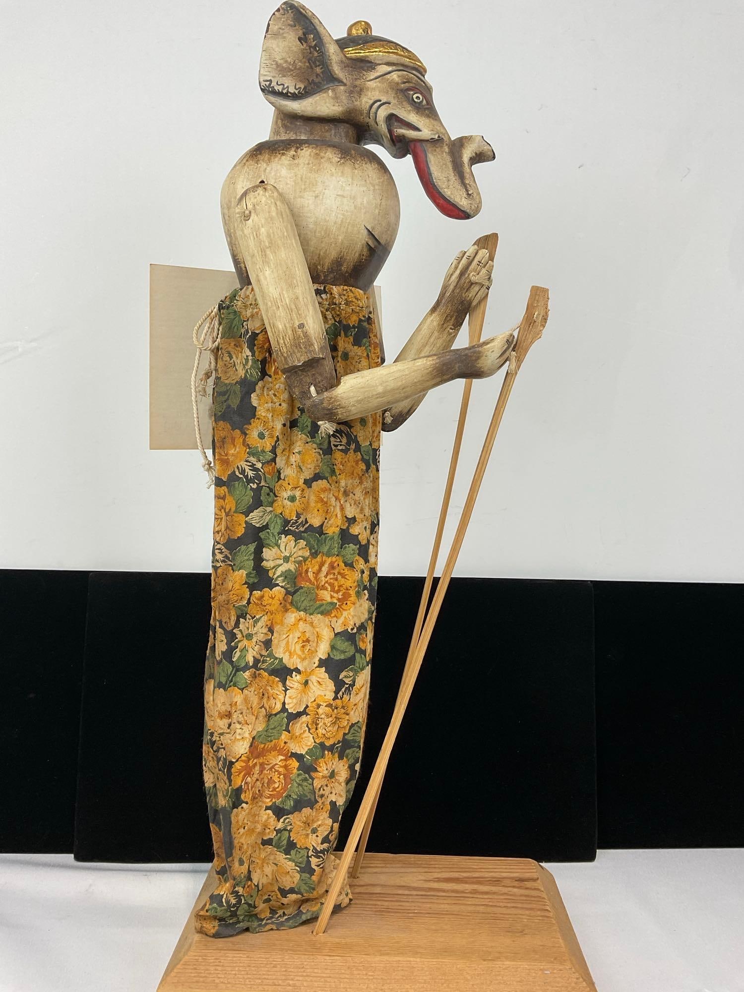 Vintage Elephant Puppet, Handmade in India, Moveable Legs, Trunk & Ears, on Wooden Base, 20x6x9 i... - 3