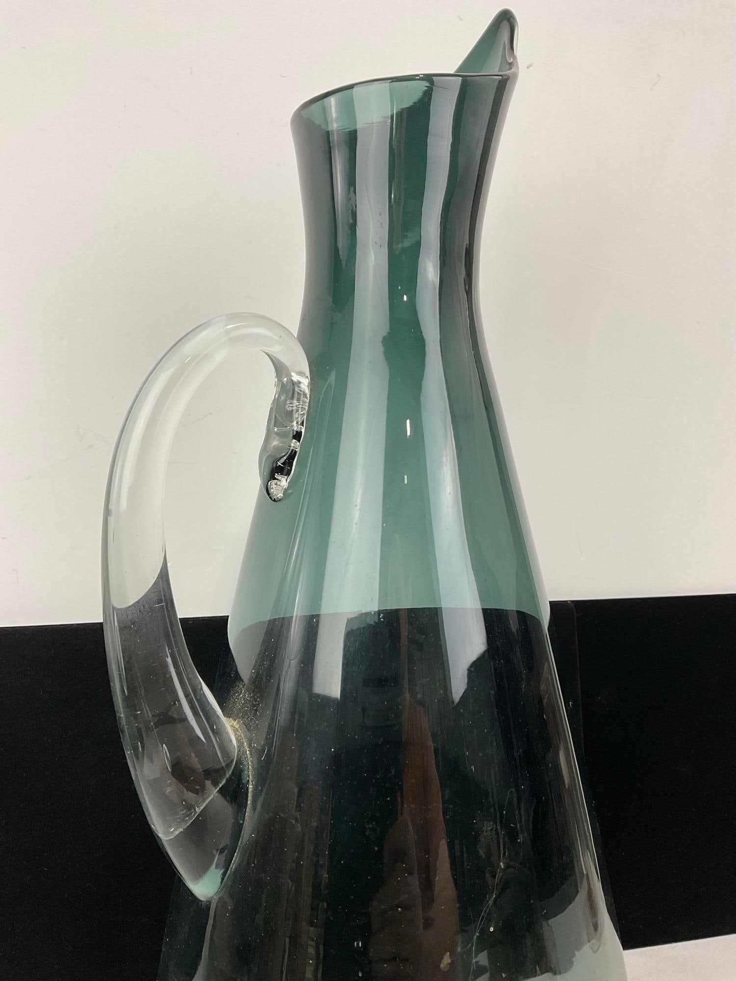 Vintage 1950s Unmarked Blenko #967 Glass Pitcher, 19h x 8w x 8d inches, clear crystal handle - 2